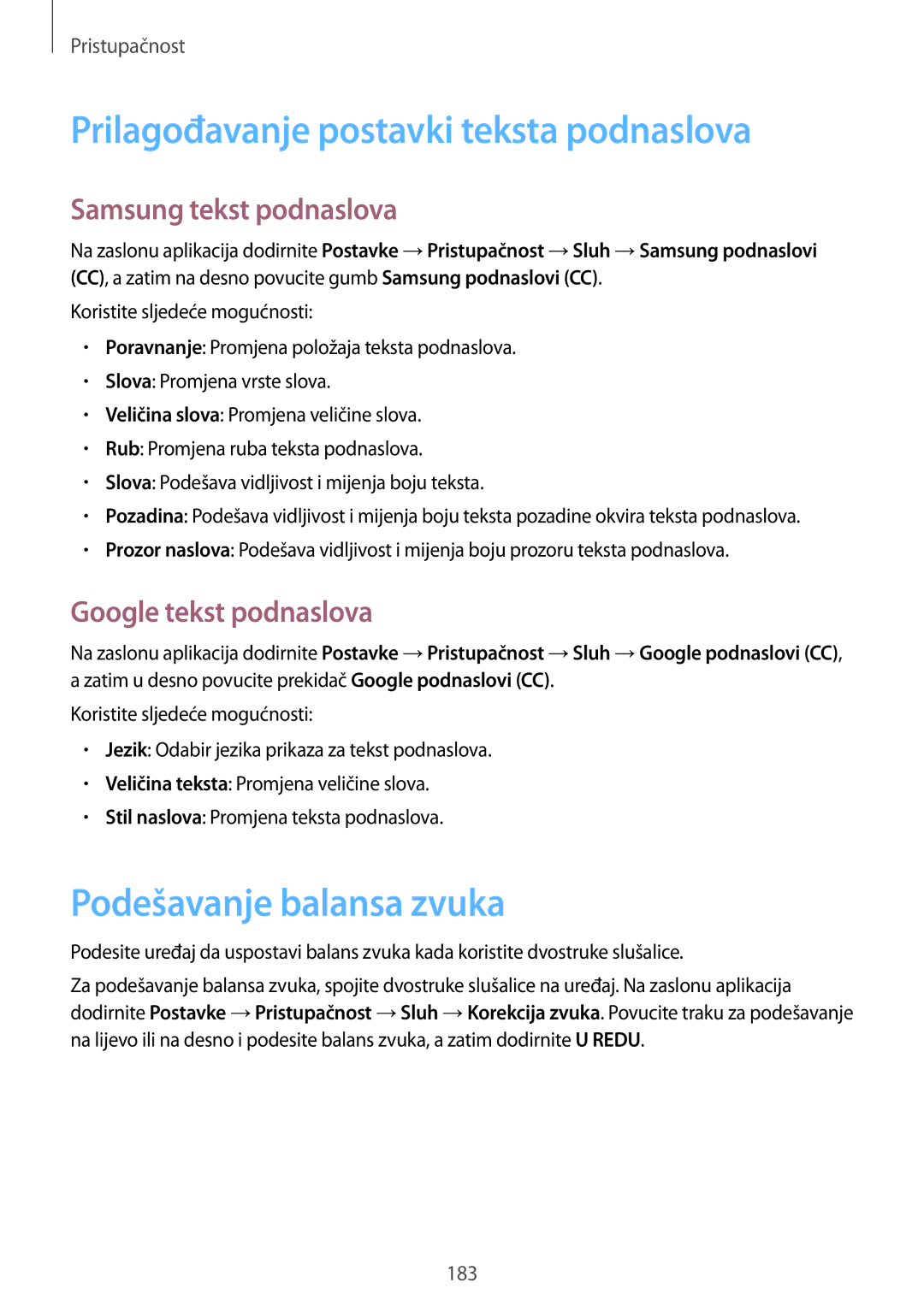 Samsung SM-G900FZDACRO Prilagođavanje postavki teksta podnaslova, Podešavanje balansa zvuka, Samsung tekst podnaslova 