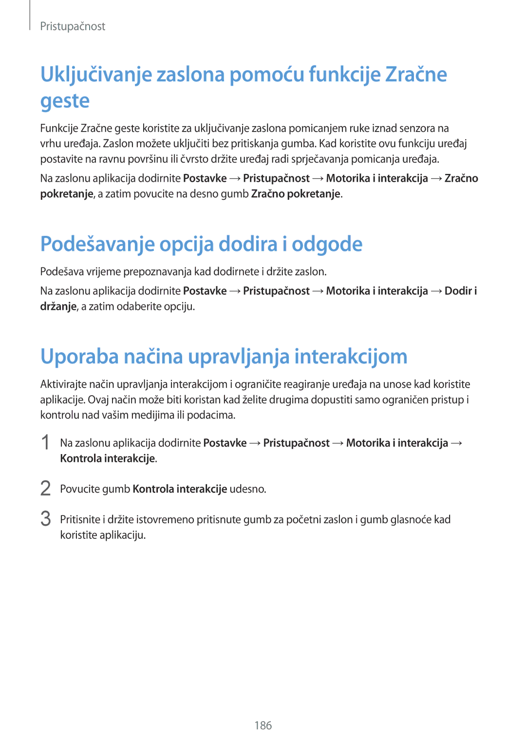 Samsung SM-G900FZDAVIP manual Uključivanje zaslona pomoću funkcije Zračne geste, Podešavanje opcija dodira i odgode 