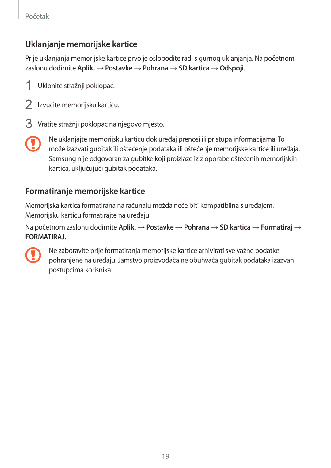 Samsung SM-G900FZKAVIP, SM-G900FZWASEE, SM-G900FZBASEE manual Uklanjanje memorijske kartice, Formatiranje memorijske kartice 