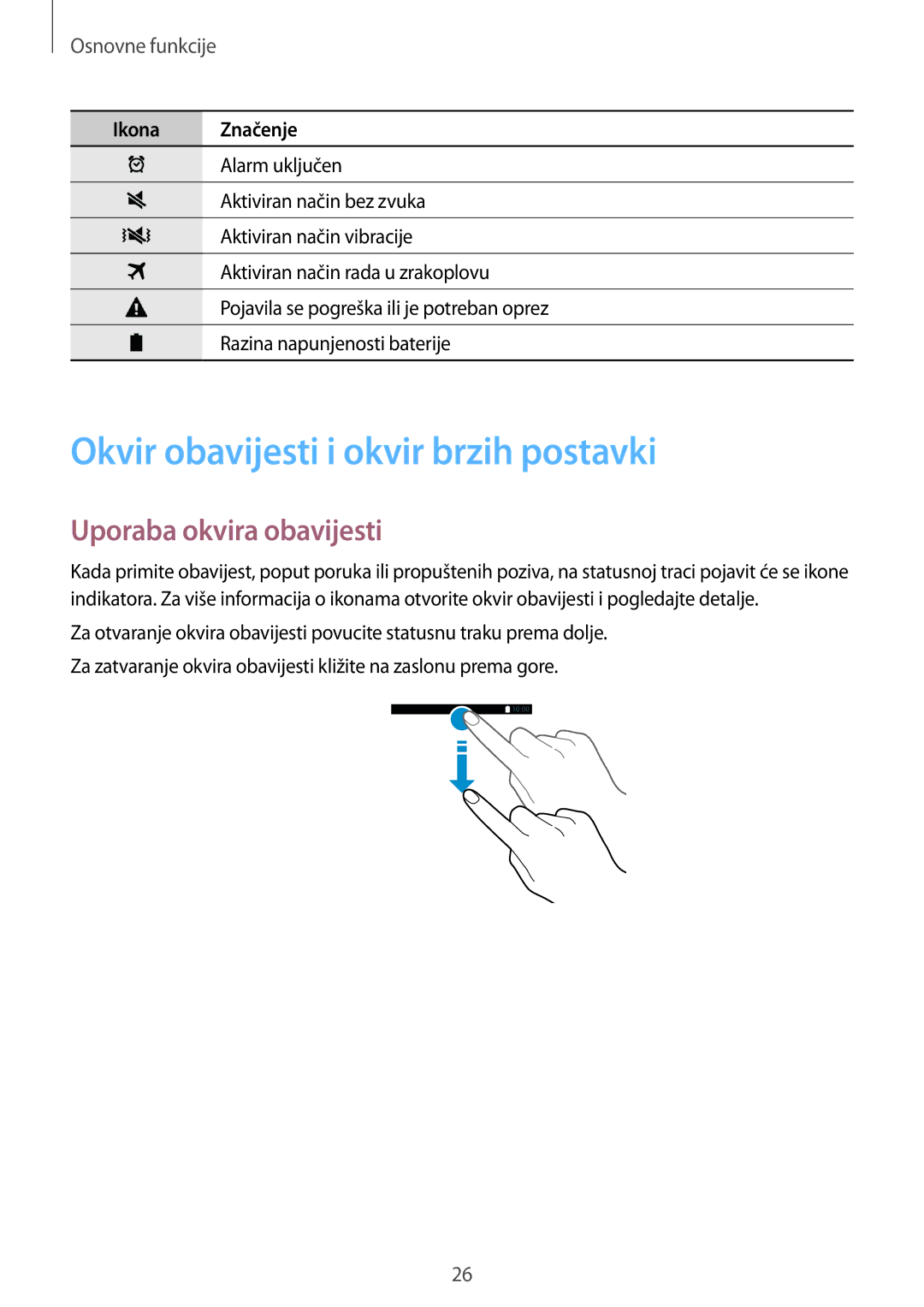 Samsung SM-G900FZKACRO, SM-G900FZWASEE, SM-G900FZBASEE Okvir obavijesti i okvir brzih postavki, Uporaba okvira obavijesti 