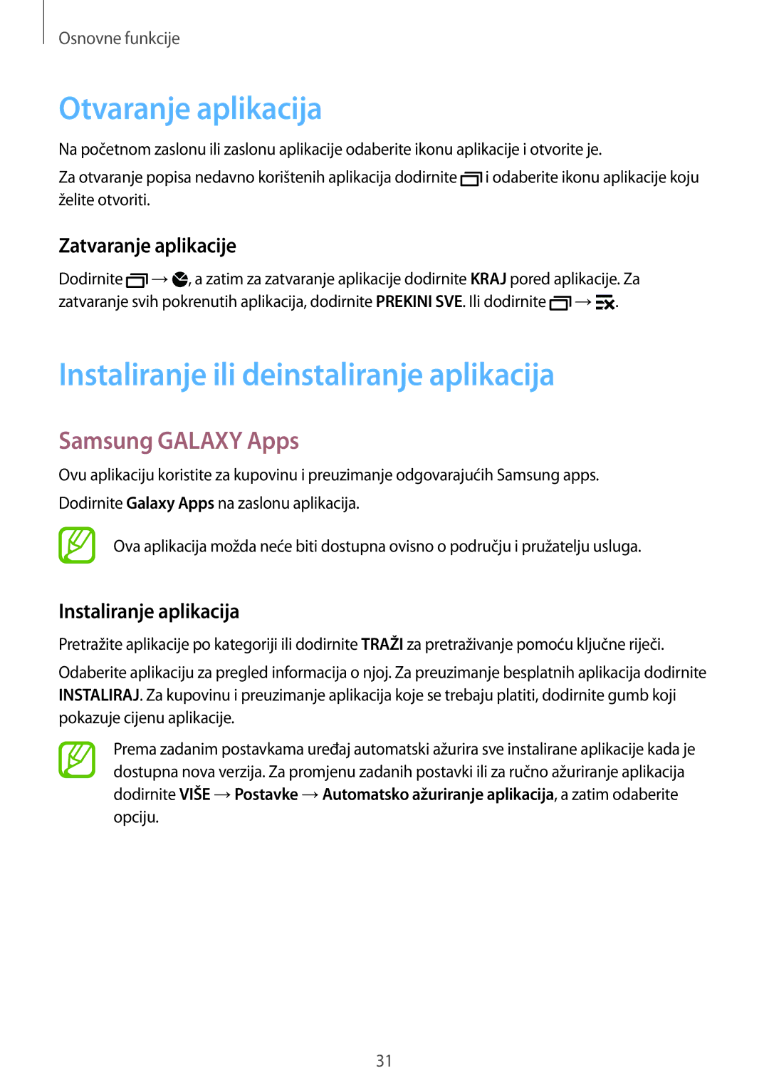 Samsung SM2G900FZDATWO manual Otvaranje aplikacija, Instaliranje ili deinstaliranje aplikacija, Samsung Galaxy Apps 