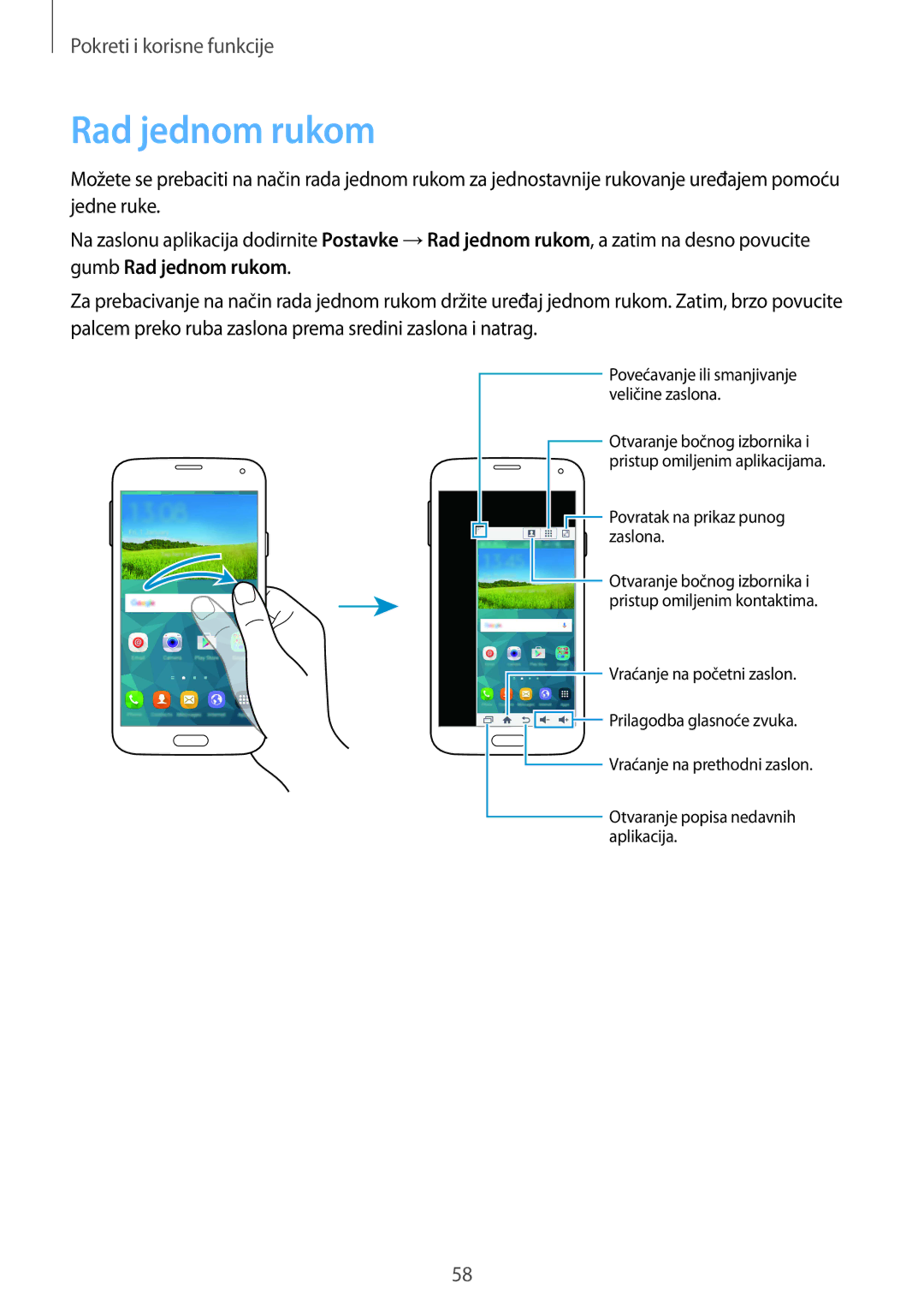 Samsung SM2G900FZDATWO, SM-G900FZWASEE, SM-G900FZBASEE, SM-G900FZDASEE, SM-G900FZKASEE, SM-G900FZKATWO manual Rad jednom rukom 