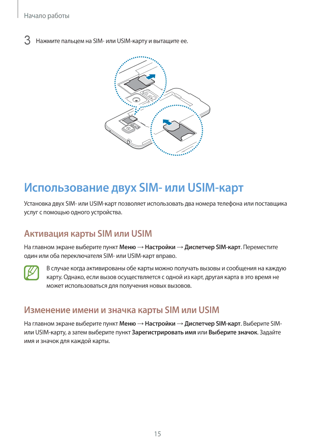 Samsung SM-G900FZBVSER, SM-G900FZWVSER, SM-G900FZKVSER Использование двух SIM- или USIM-карт, Активация карты SIM или Usim 