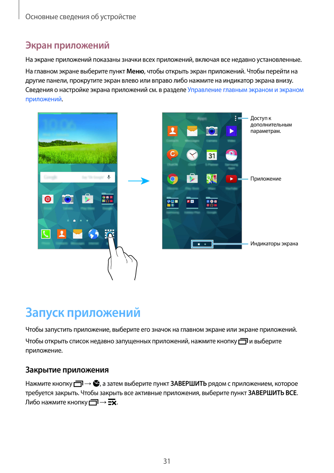 Samsung SM-G900FZBVSER, SM-G900FZWVSER, SM-G900FZKVSER manual Запуск приложений, Экран приложений, Закрытие приложения 