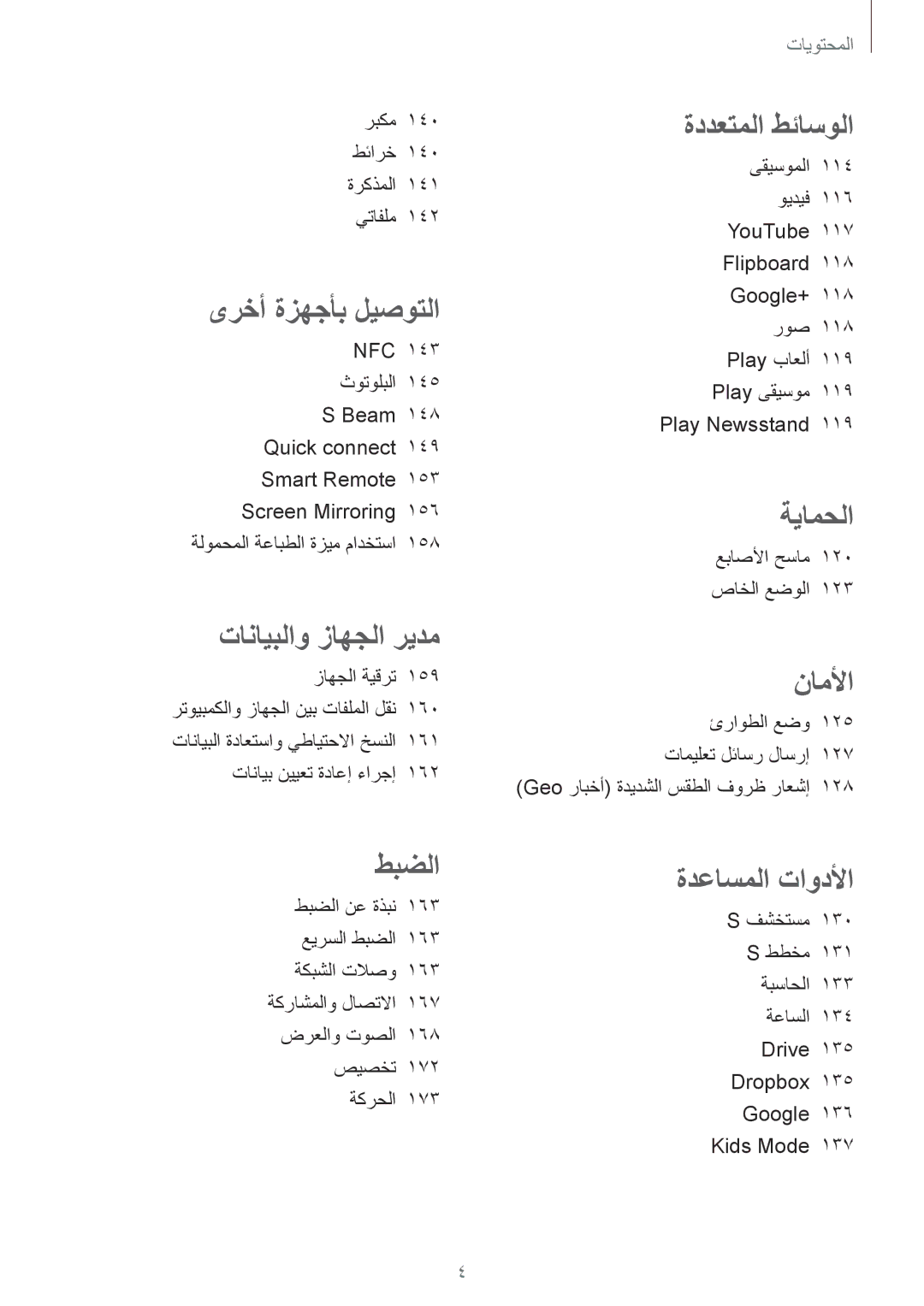 Samsung SM-G900HZDAAFG NFC 143 ثوتولبلا 145 S Beam, ربكم 140 طئارخ 140 ةركذملا 141 يتافلم, عباصلأا حسام 120 صاخلا عضولا 