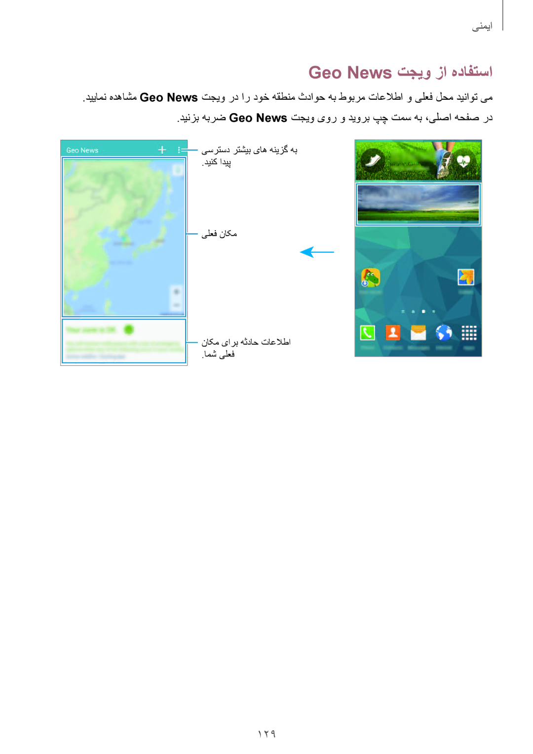 Samsung SM-G900HZKABTC, SM-G900HZBAPAK, SM-G900HZDAPAK, SM-G900HZWAXSG, SM-G900HZBATMC manual Geo News تجیو زا هدافتسا, 129 