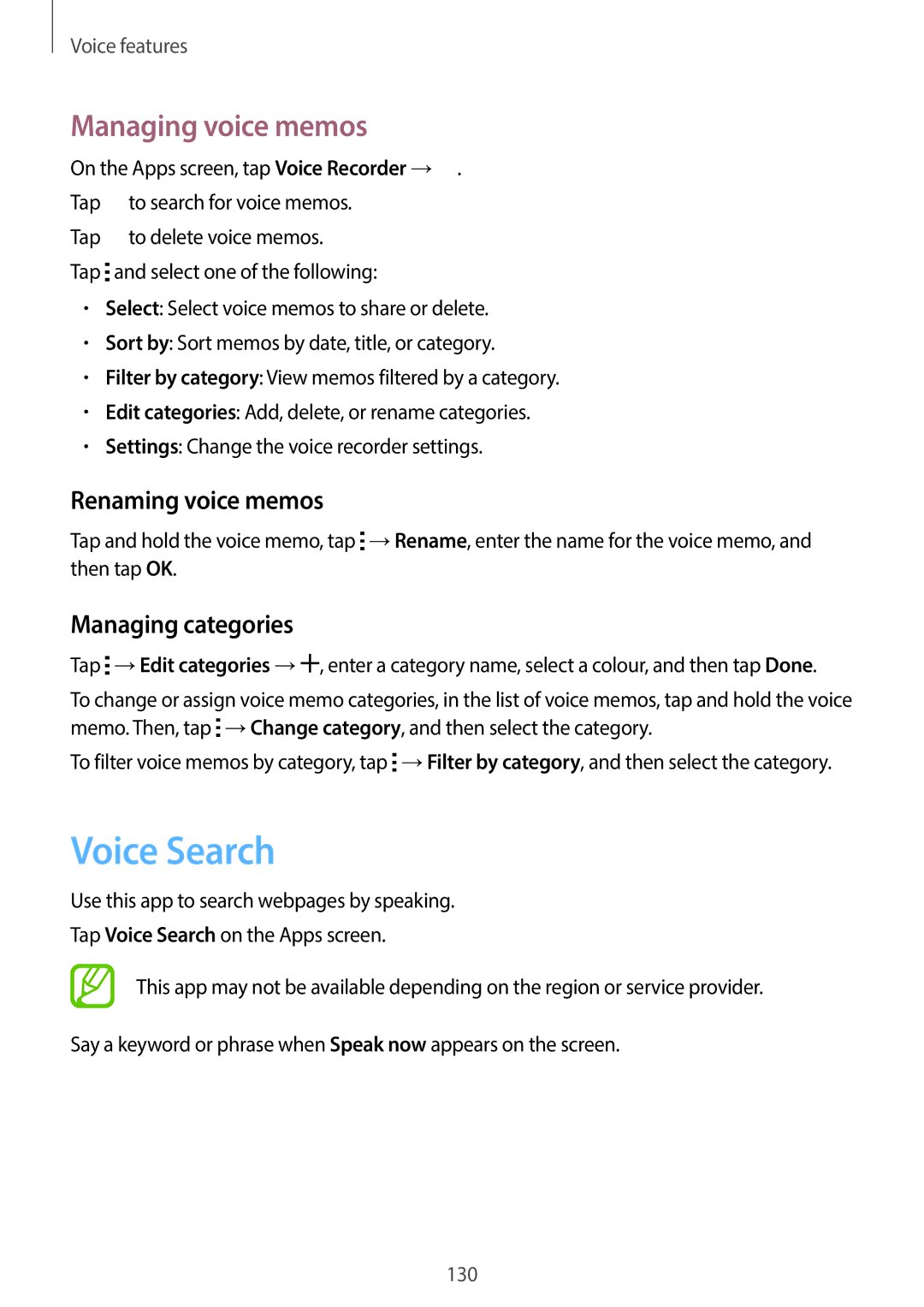 Samsung SM-G900HZWAECT, SM-G900HZBAPAK manual Voice Search, Managing voice memos, Renaming voice memos, Managing categories 