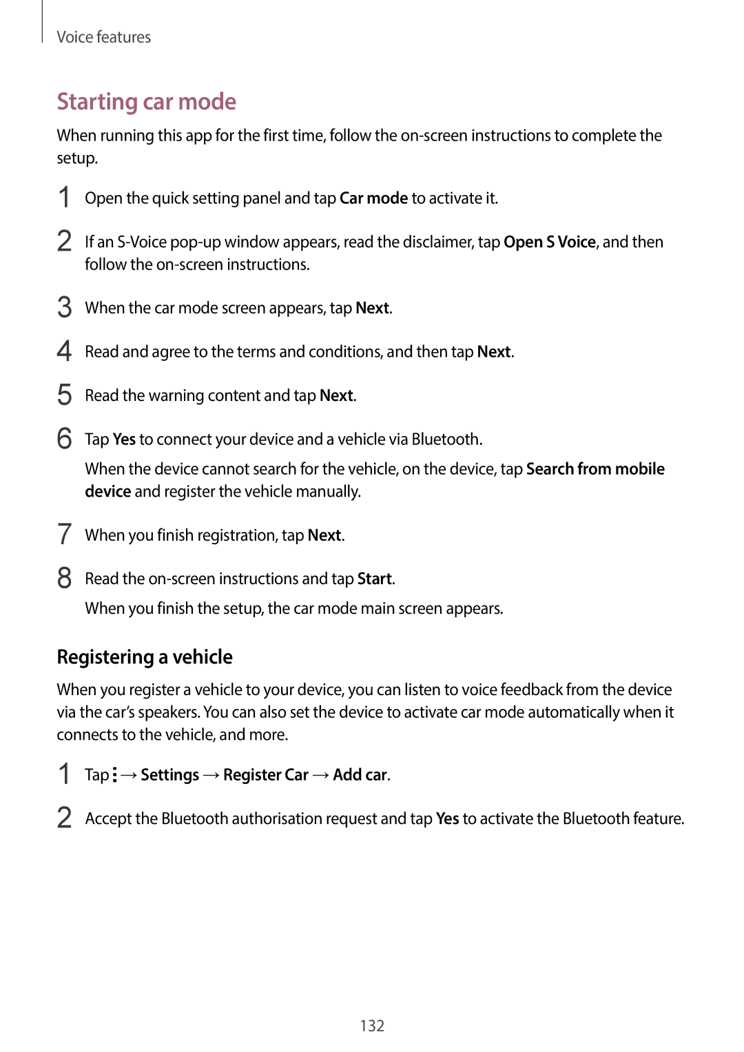 Samsung SM-G900HZBALYS, SM-G900HZBAPAK manual Starting car mode, Registering a vehicle, Tap →Settings →Register Car →Add car 