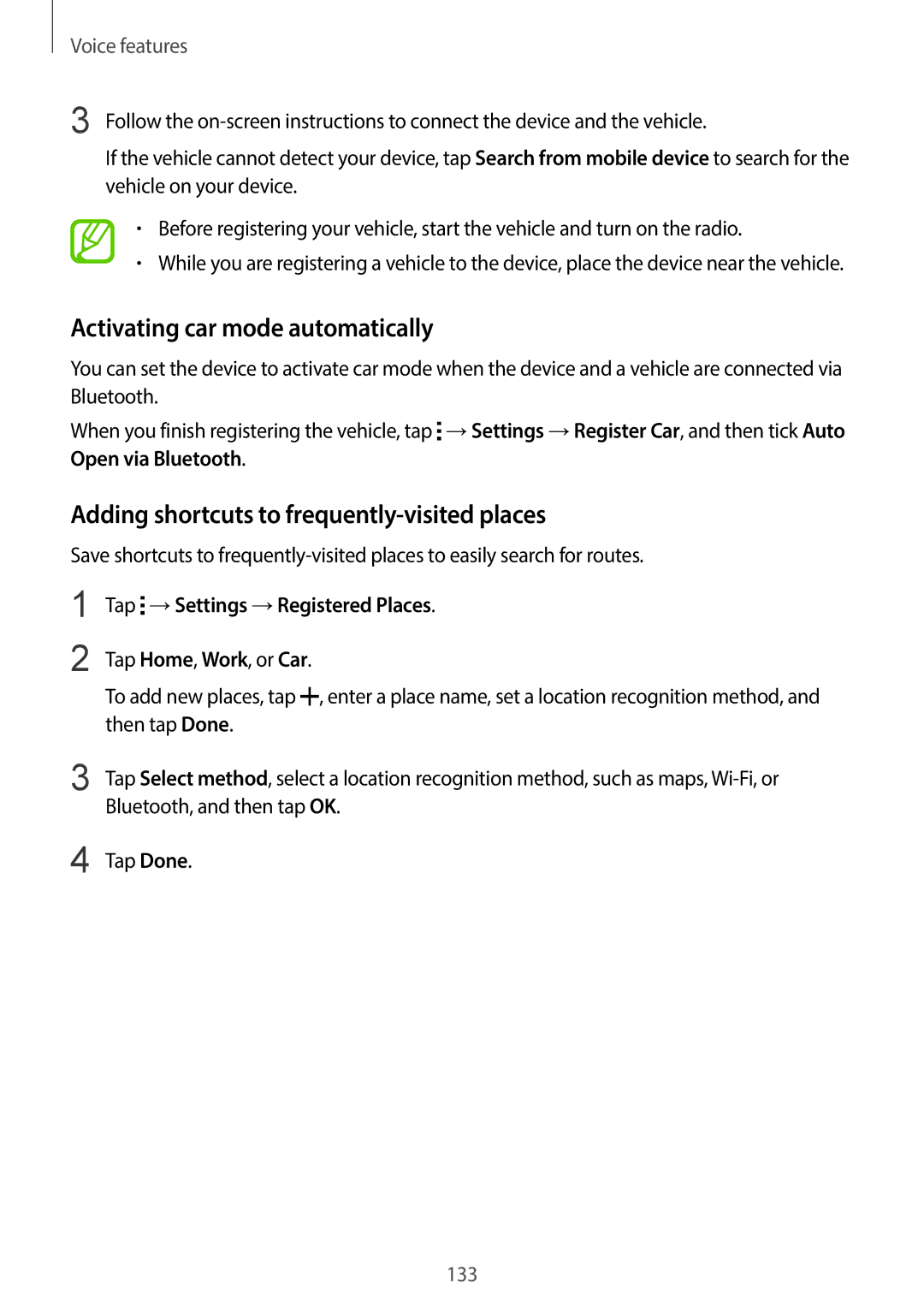 Samsung SM-G900HZBATHR, SM-G900HZBAPAK Activating car mode automatically, Adding shortcuts to frequently-visited places 