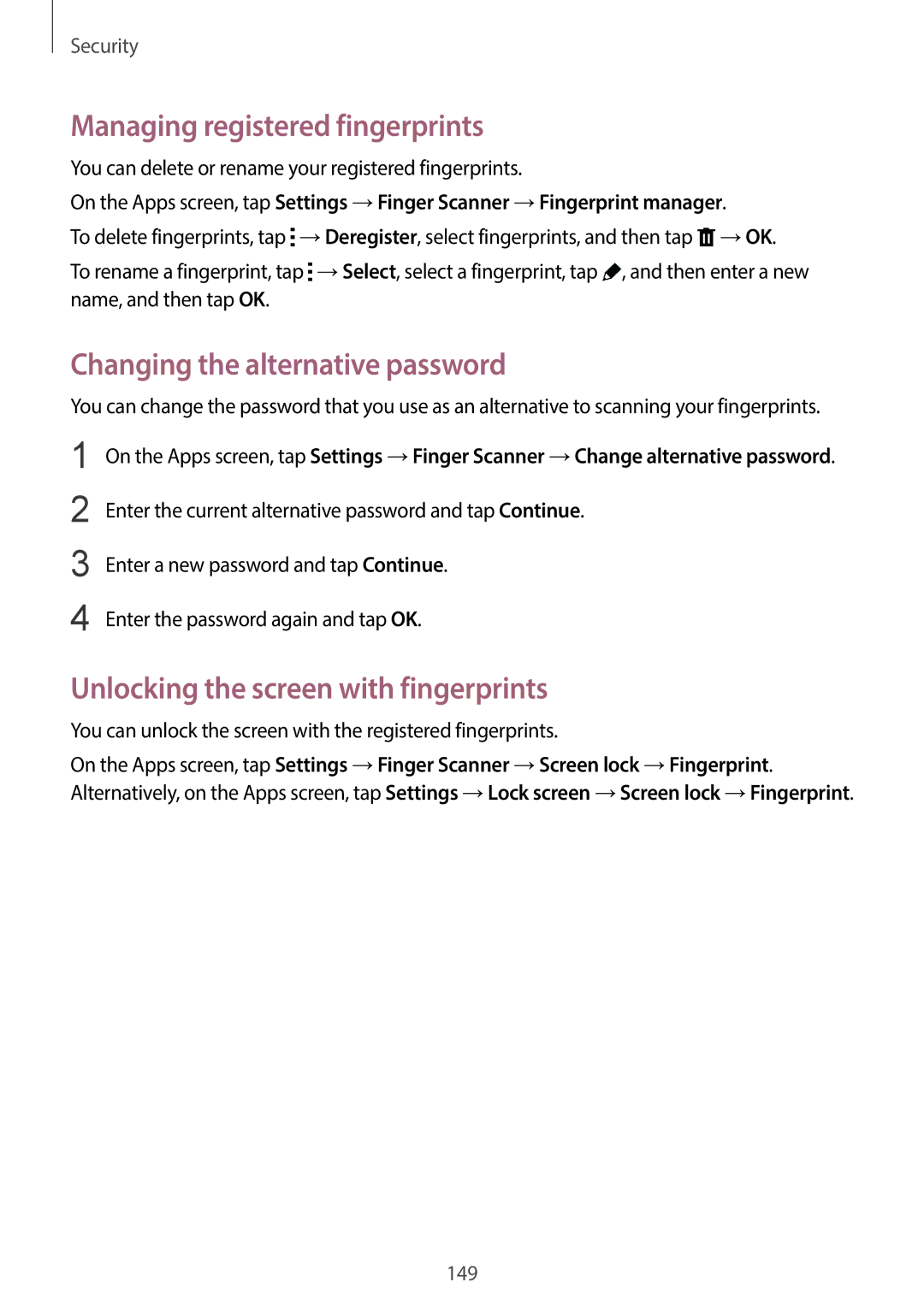 Samsung SM-G900HZKABTC, SM-G900HZBAPAK, SM-G900HZDAPAK Managing registered fingerprints, Changing the alternative password 