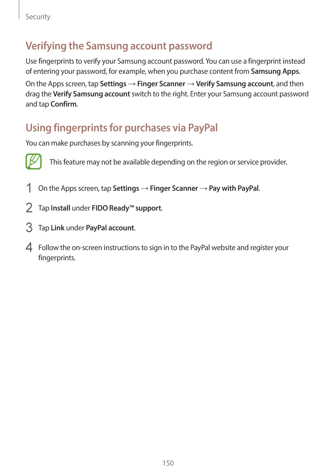 Samsung SM-G900HZWAXXV, SM-G900HZBAPAK Verifying the Samsung account password, Using fingerprints for purchases via PayPal 