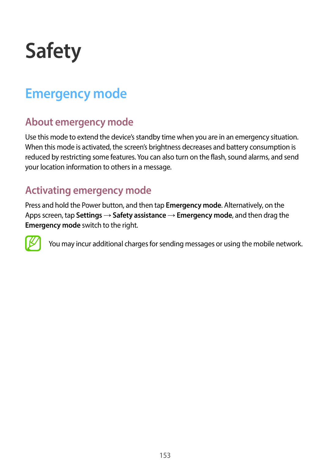 Samsung SM-G900HZKAXXV, SM-G900HZBAPAK manual Safety, Emergency mode, About emergency mode, Activating emergency mode 