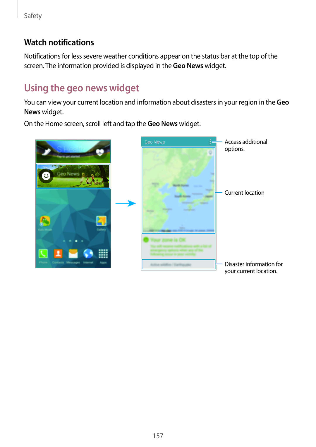 Samsung SM-G900HZBACEL, SM-G900HZBAPAK, SM-G900HZDAPAK, SM-G900HZWAXSG manual Using the geo news widget, Watch notifications 