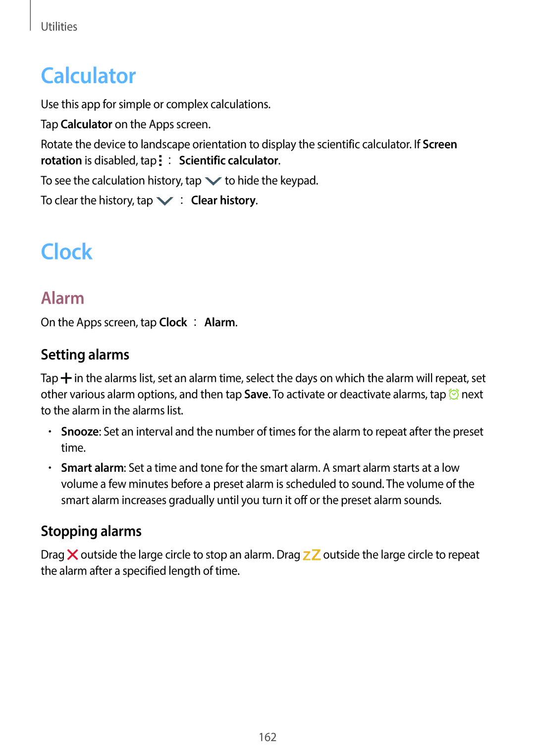 Samsung SM-G900HZKAPCL, SM-G900HZBAPAK, SM-G900HZDAPAK manual Calculator, Clock, Alarm, Setting alarms, Stopping alarms 