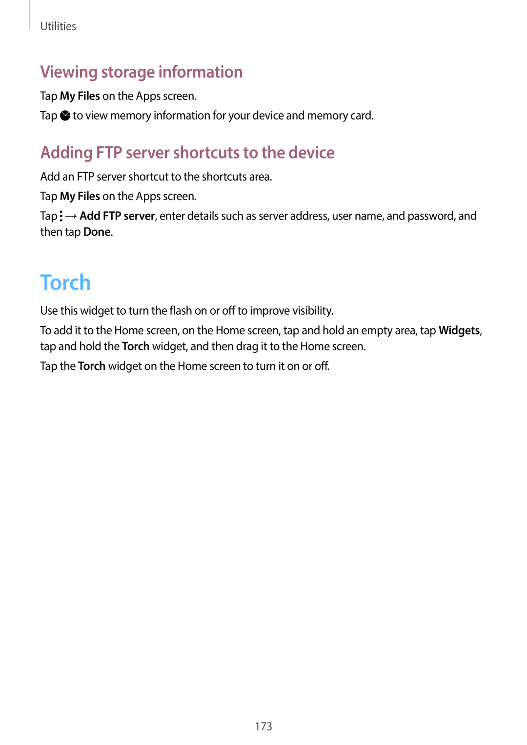 Samsung SM-G900HZBATMC, SM-G900HZBAPAK manual Torch, Viewing storage information, Adding FTP server shortcuts to the device 