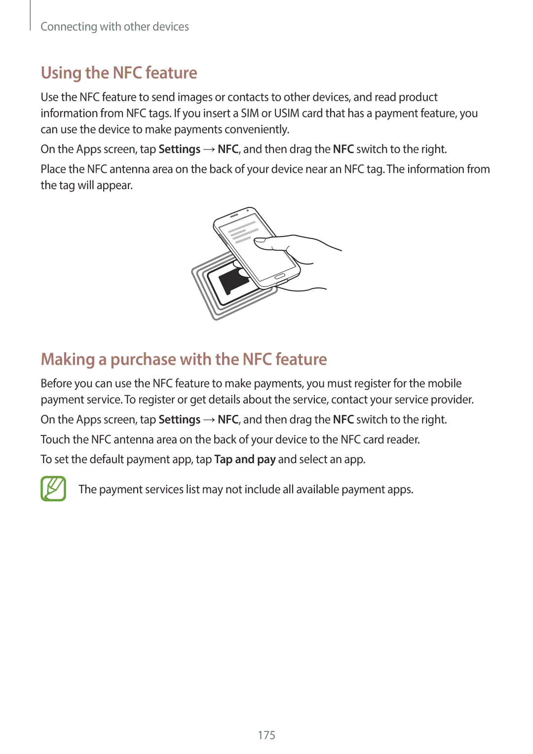 Samsung SM-G900HZKAPAK, SM-G900HZBAPAK, SM-G900HZDAPAK manual Using the NFC feature, Making a purchase with the NFC feature 