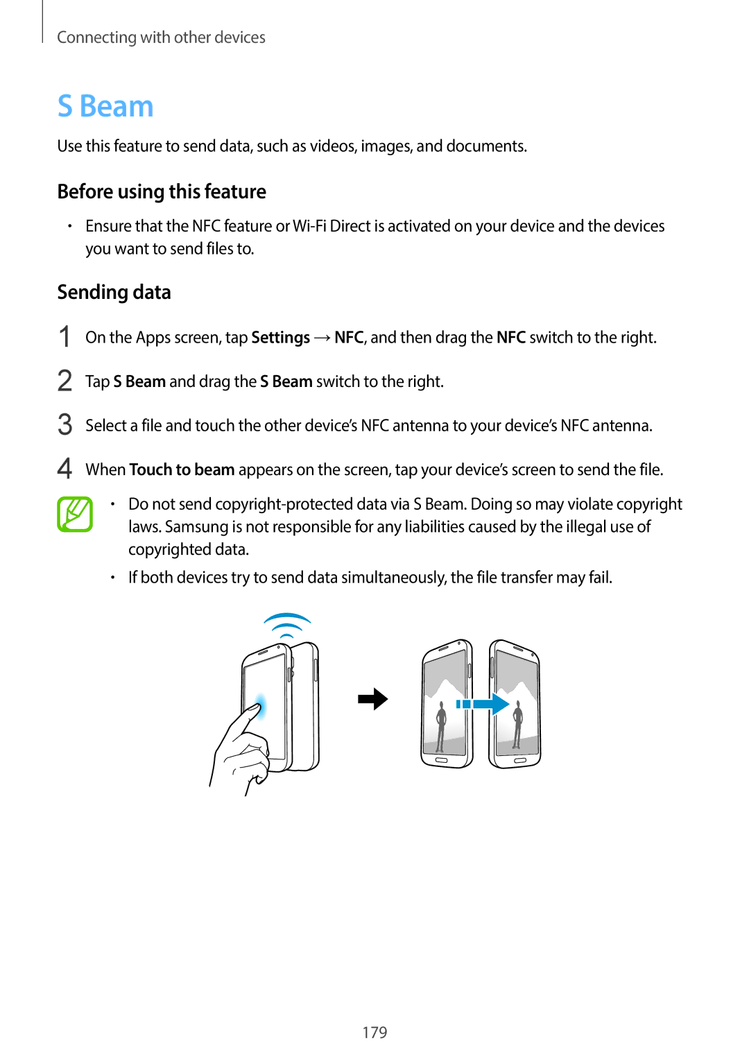 Samsung SM-G900HZWATHR, SM-G900HZBAPAK, SM-G900HZDAPAK Sending data, Tap S Beam and drag the S Beam switch to the right 