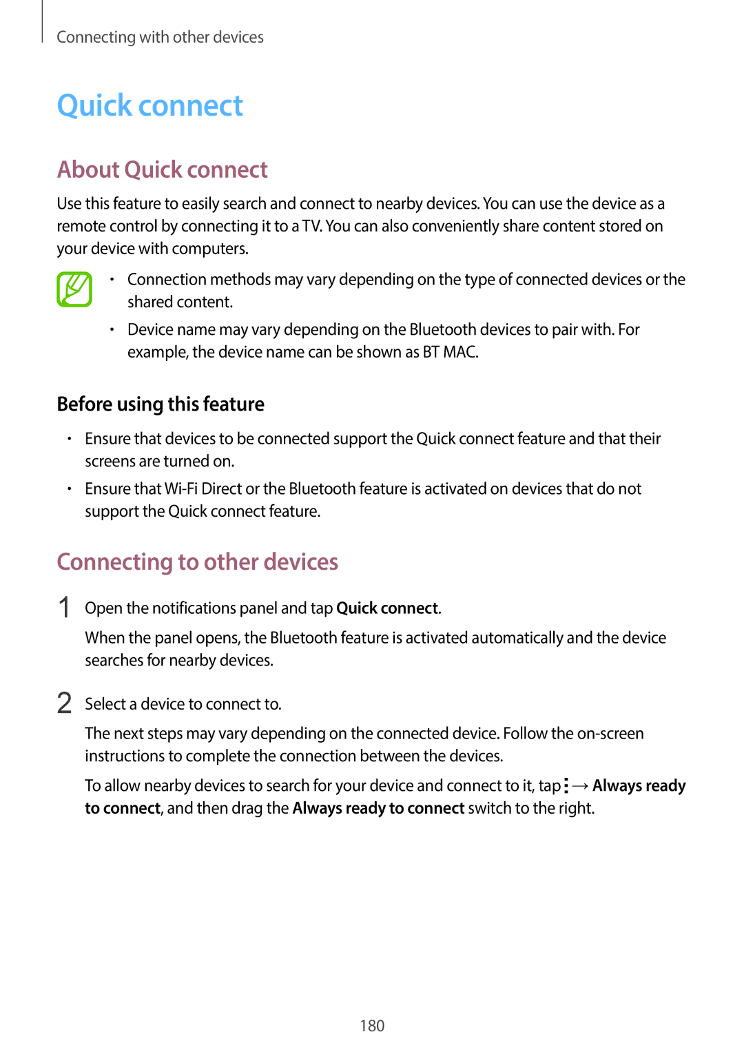 Samsung SM-G900HZDALYS, SM-G900HZBAPAK, SM-G900HZDAPAK, SM-G900HZWAXSG About Quick connect, Connecting to other devices 