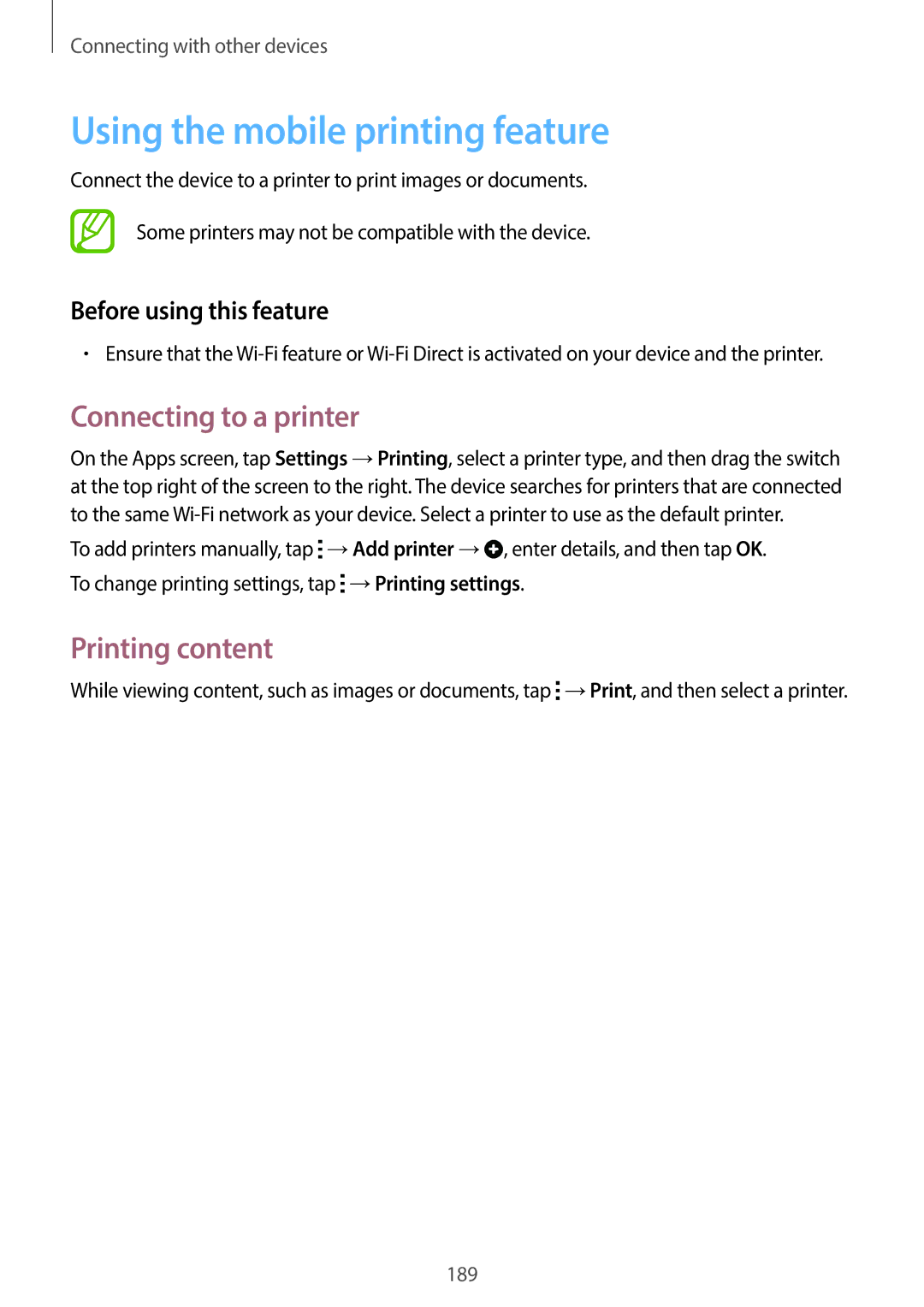 Samsung SM-G900HZDAKSA, SM-G900HZBAPAK manual Using the mobile printing feature, Connecting to a printer, Printing content 