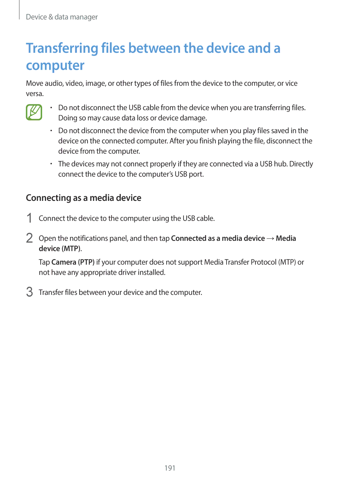 Samsung SM-G900HZBAACR Transferring files between the device and a computer, Connecting as a media device, Device MTP 