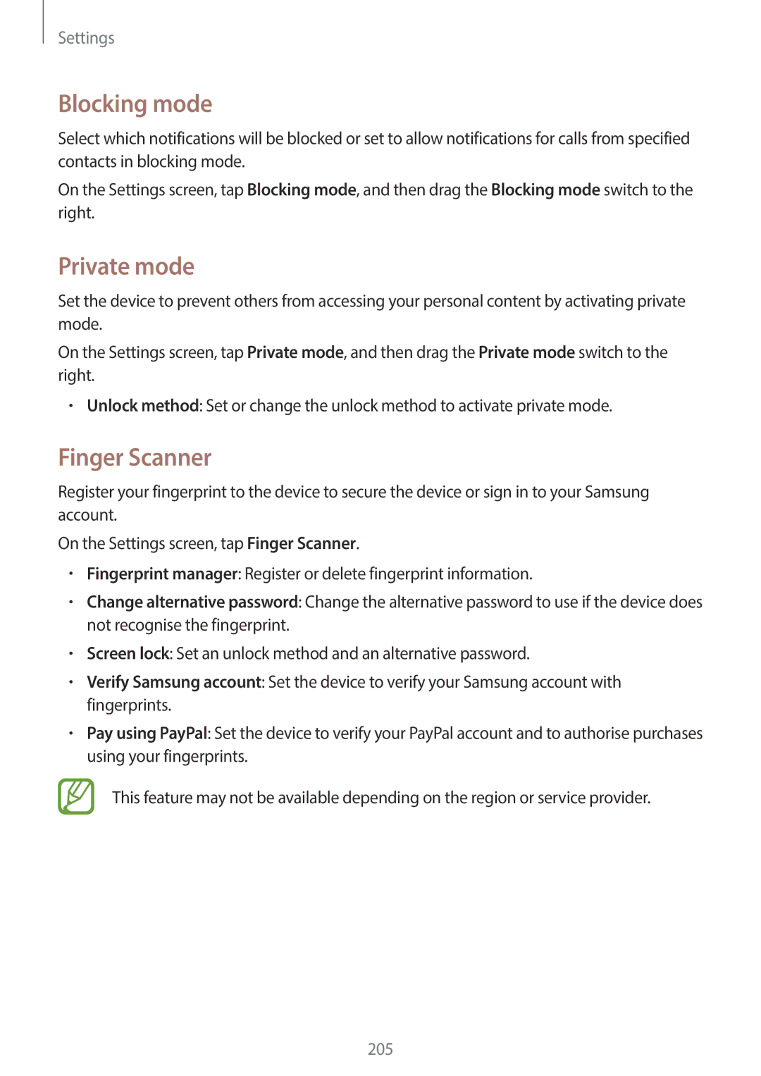 Samsung SM-G900HZBABTC, SM-G900HZBAPAK, SM-G900HZDAPAK, SM-G900HZWAXSG manual Blocking mode, Private mode, Finger Scanner 