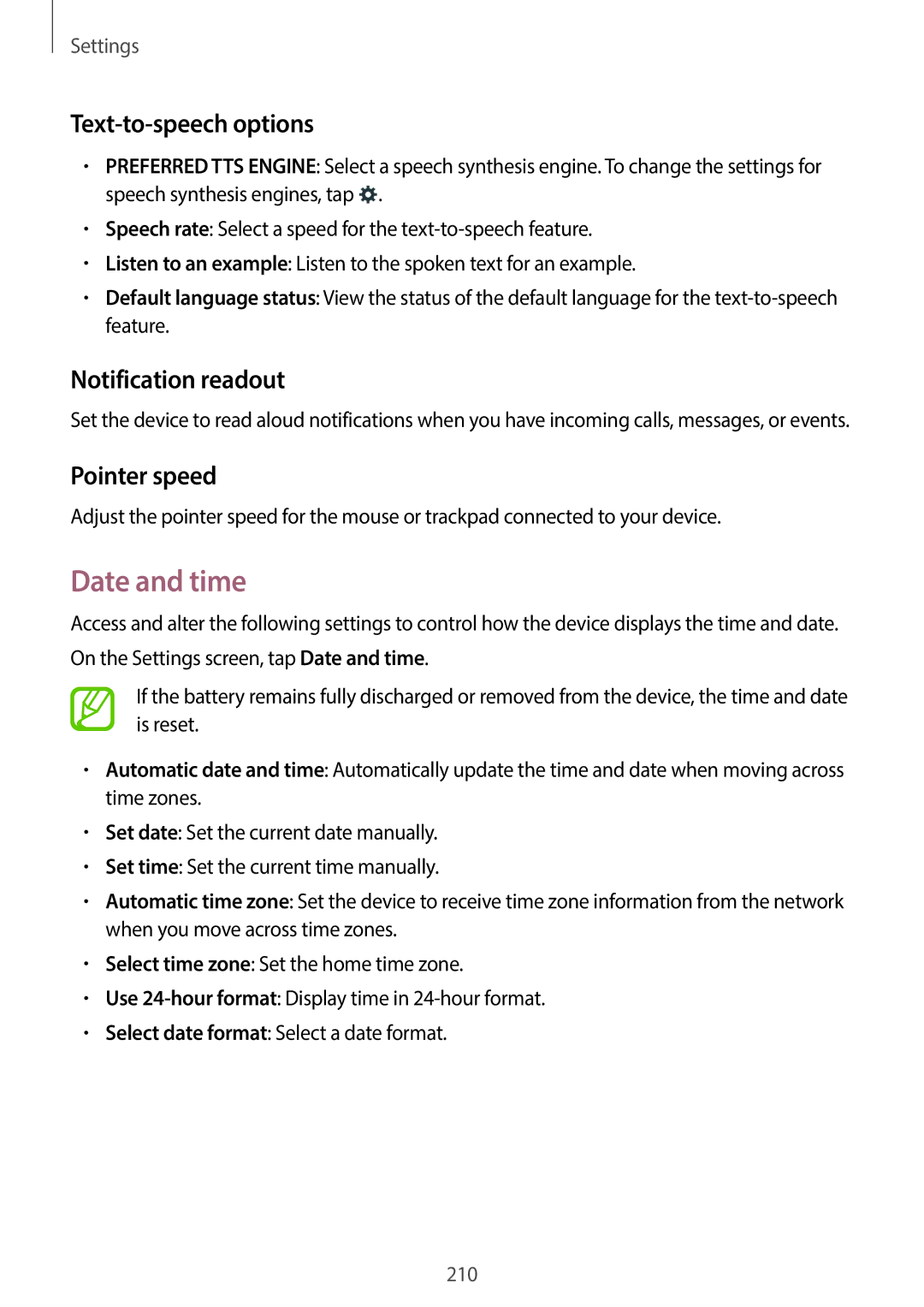 Samsung SM-G900HZDATMC, SM-G900HZBAPAK manual Date and time, Text-to-speech options, Notification readout, Pointer speed 