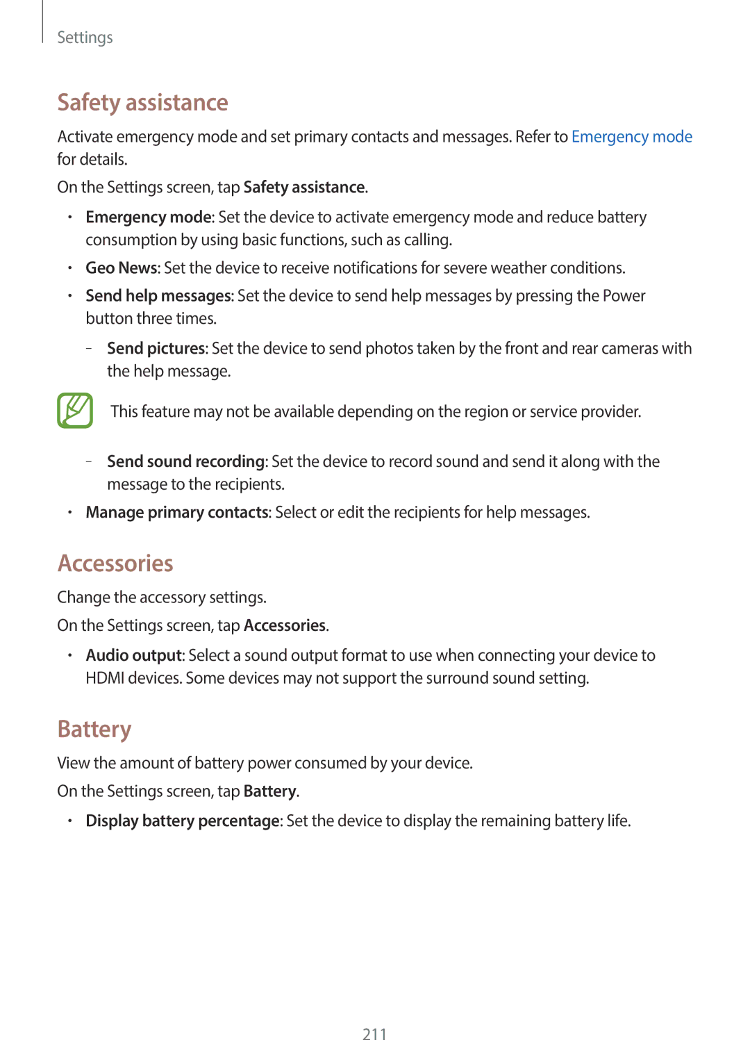 Samsung SM-G900HZDAWTL, SM-G900HZBAPAK, SM-G900HZDAPAK, SM-G900HZWAXSG manual Safety assistance, Accessories, Battery 