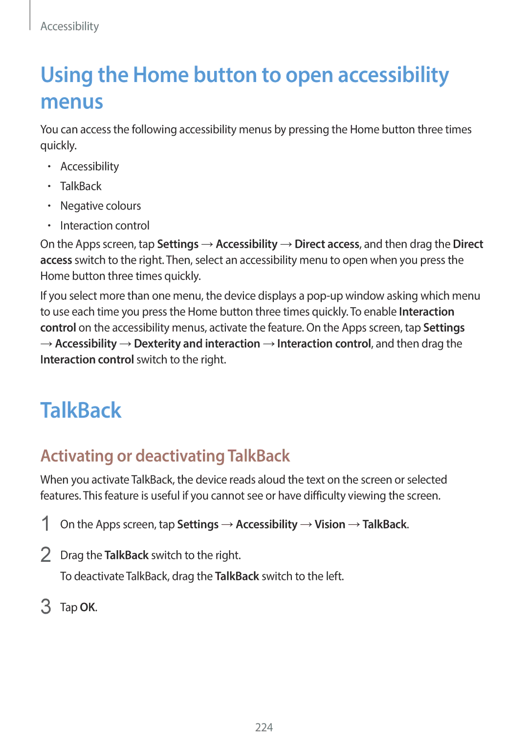 Samsung SM-G900HZKAEGY manual Using the Home button to open accessibility menus, Activating or deactivating TalkBack 