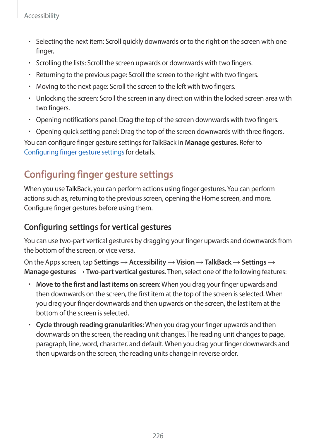 Samsung SM-G900HZBAAFG, SM-G900HZBAPAK Configuring finger gesture settings, Configuring settings for vertical gestures 