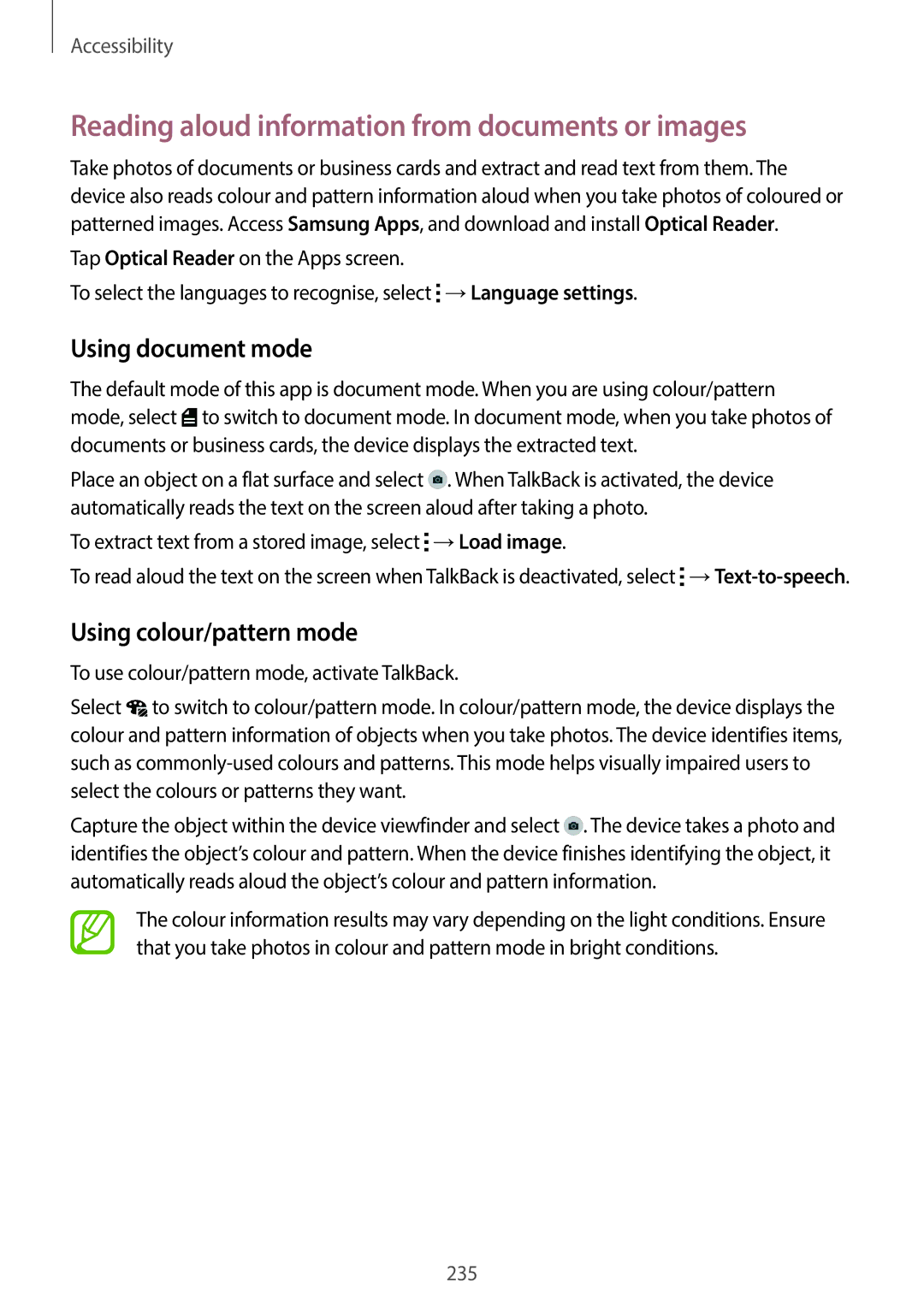 Samsung SM-G900HZWAXXV Reading aloud information from documents or images, Using document mode, Using colour/pattern mode 