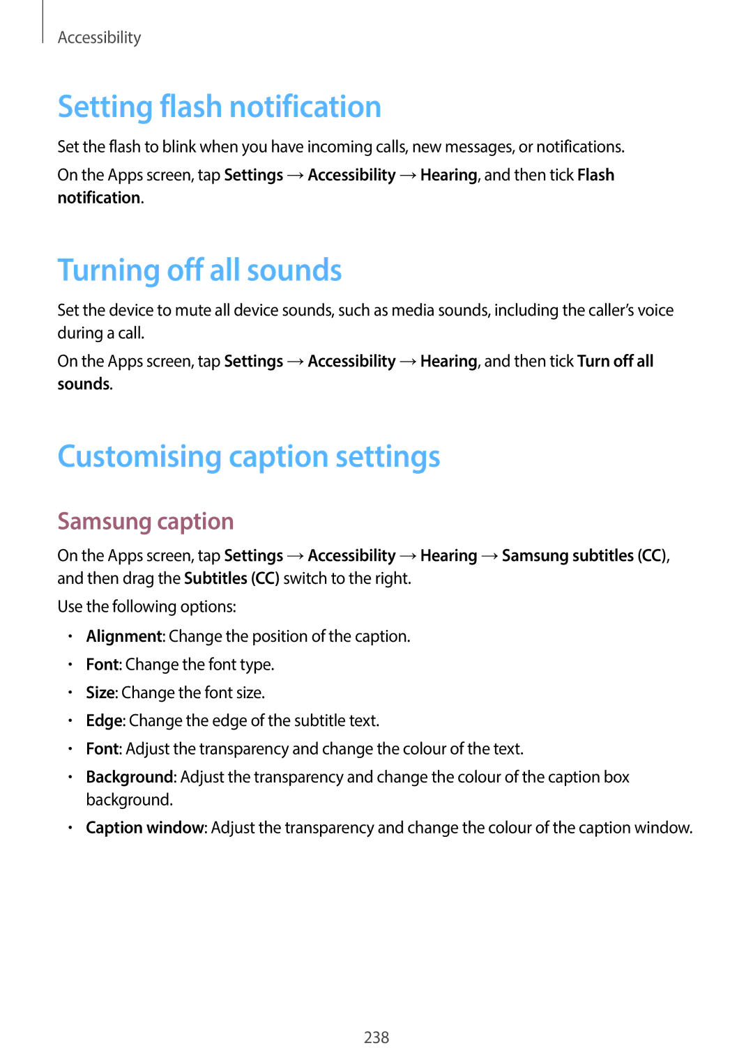 Samsung SM-G900HZKAXXV Setting flash notification, Turning off all sounds, Customising caption settings, Samsung caption 