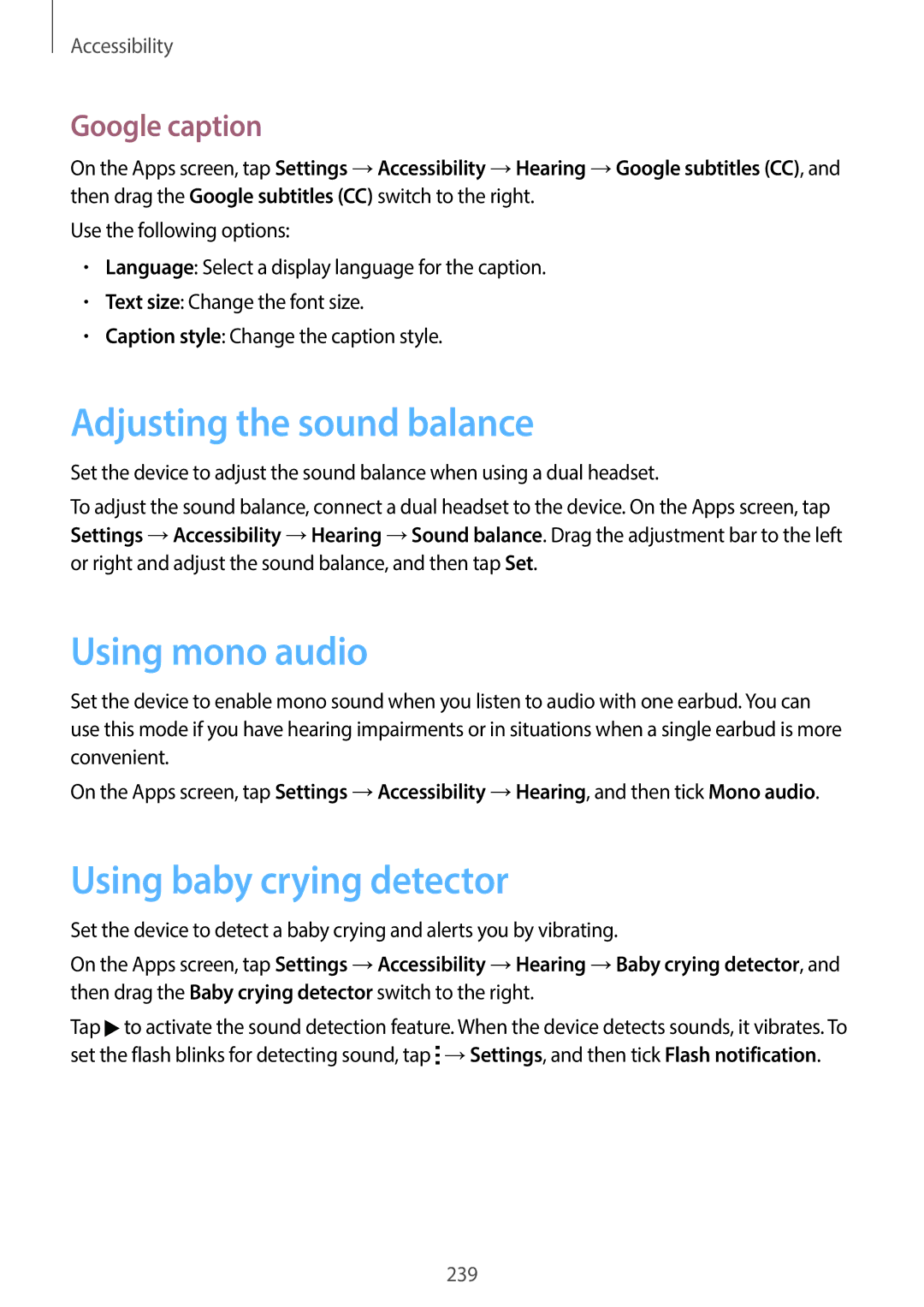 Samsung SM-G900HZDAXXV manual Adjusting the sound balance, Using mono audio, Using baby crying detector, Google caption 