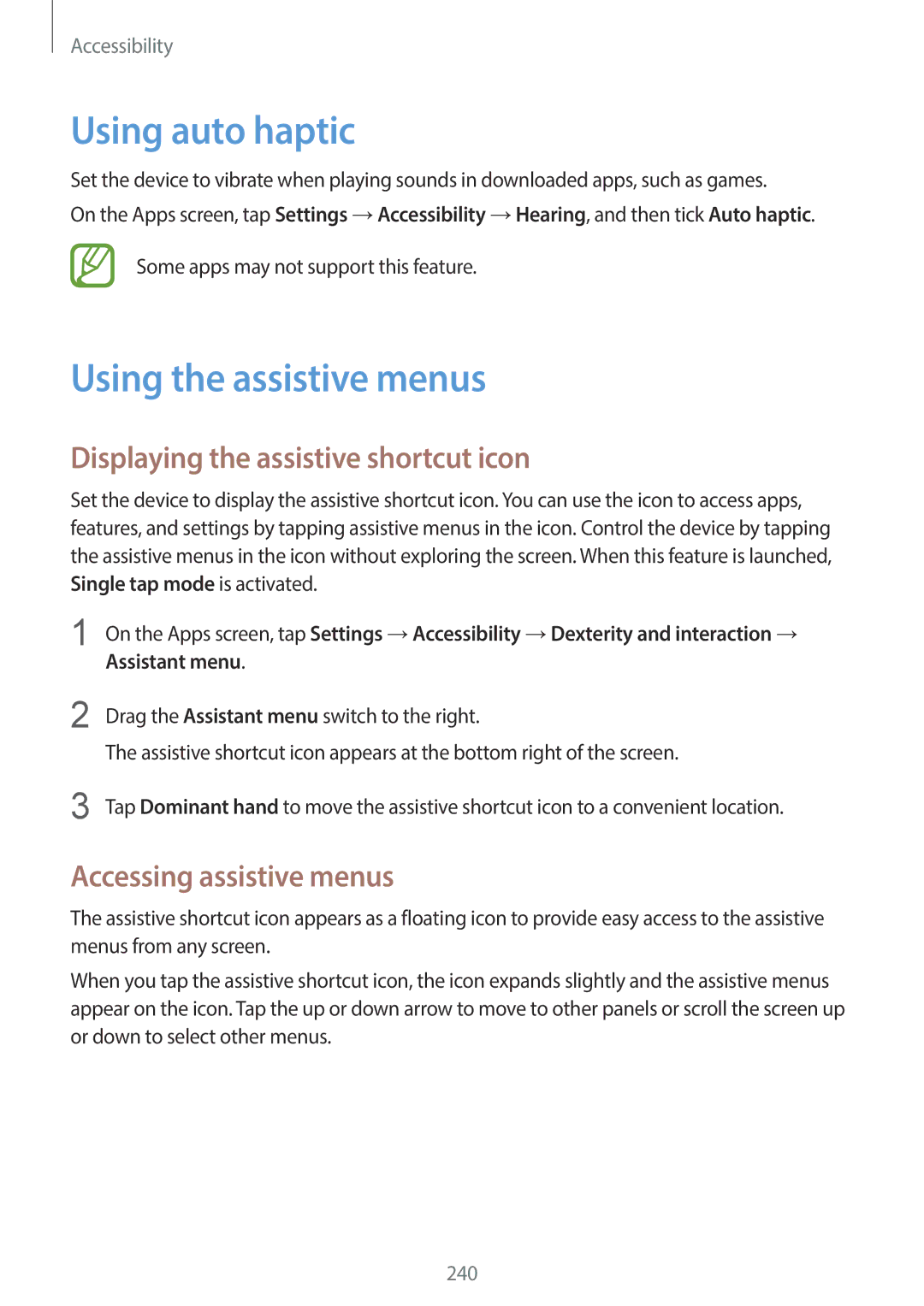 Samsung SM-G900HZKACEL manual Using auto haptic, Using the assistive menus, Displaying the assistive shortcut icon 