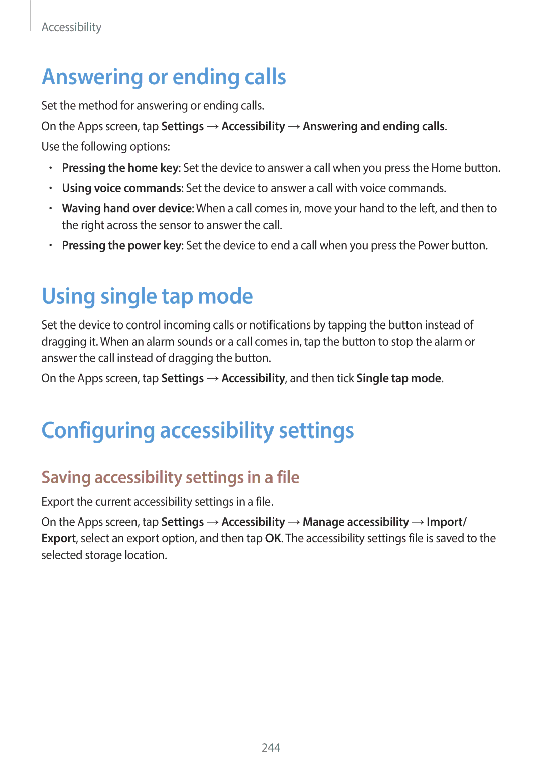 Samsung SM-G900HZBAPCL manual Answering or ending calls, Using single tap mode, Configuring accessibility settings 