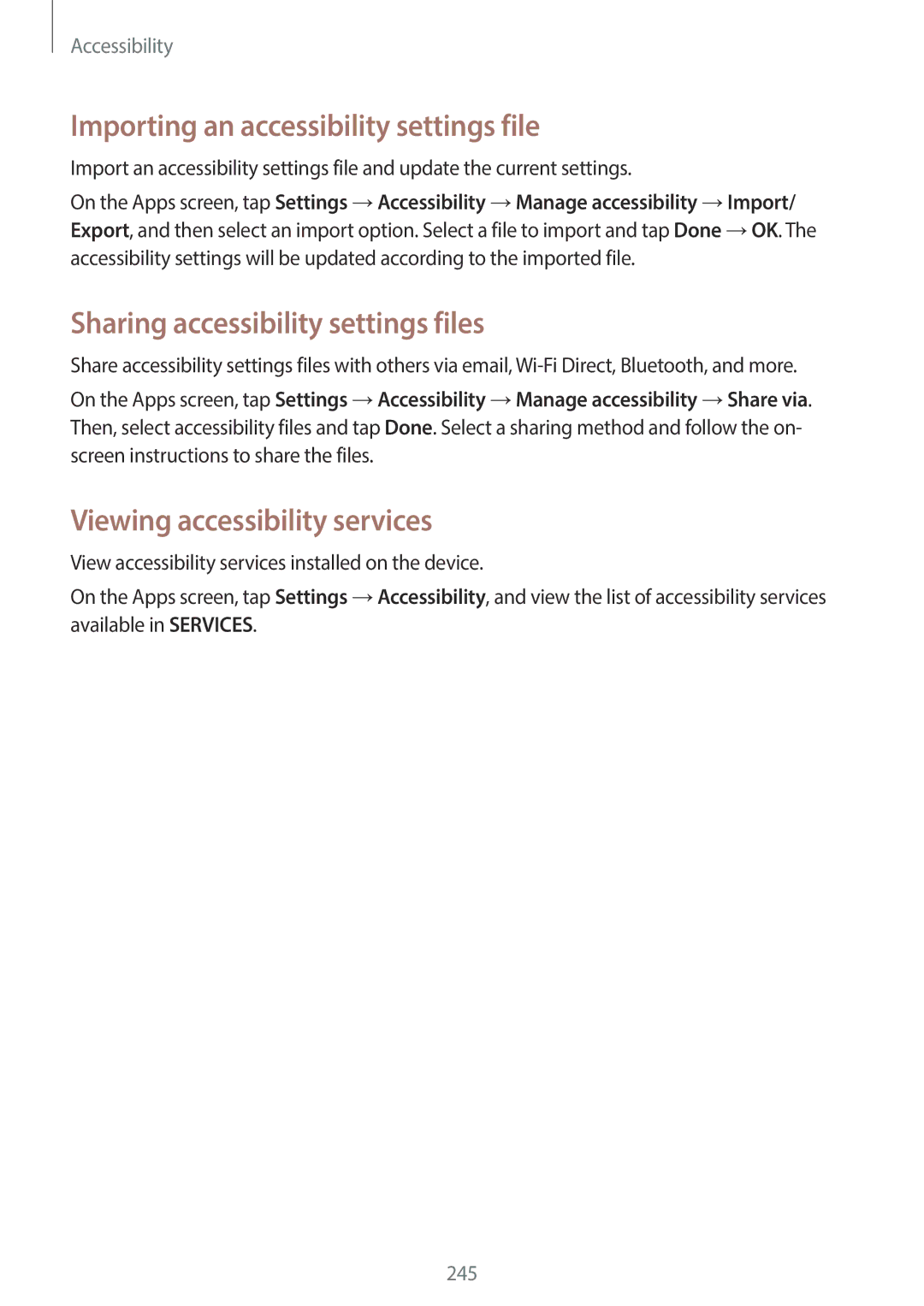 Samsung SM-G900HZDAPCL, SM-G900HZBAPAK manual Importing an accessibility settings file, Sharing accessibility settings files 