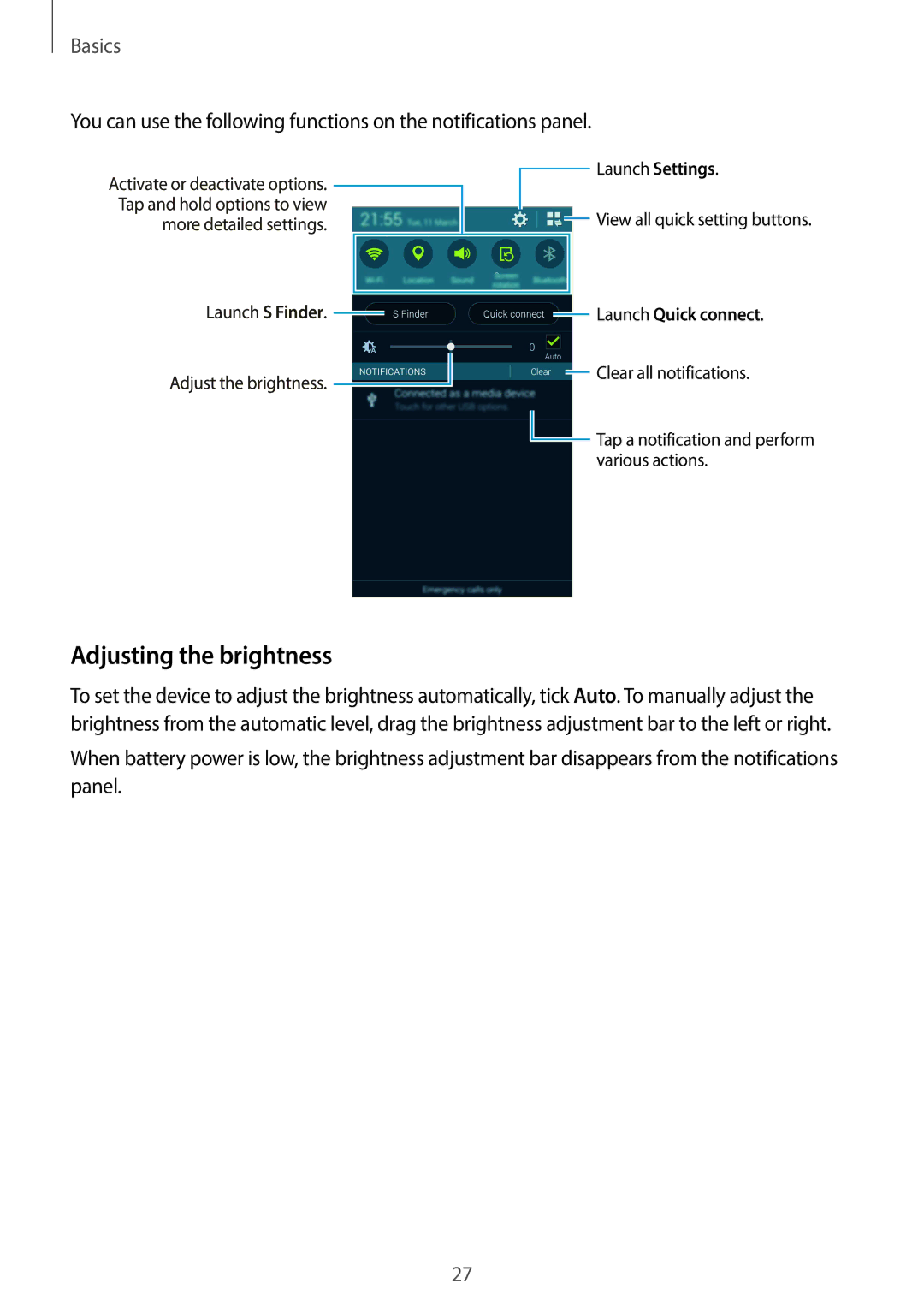 Samsung SM-G900HZDAXFE, SM-G900HZBAPAK, SM-G900HZDAPAK, SM-G900HZWAXSG, SM-G900HZBATMC manual Adjusting the brightness 