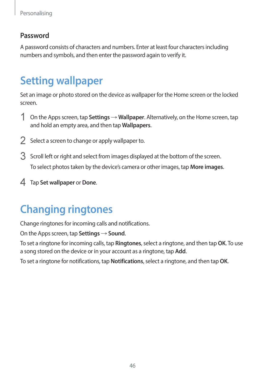 Samsung SM-G900HZWAKSA, SM-G900HZBAPAK manual Setting wallpaper, Changing ringtones, Password, Tap Set wallpaper or Done 
