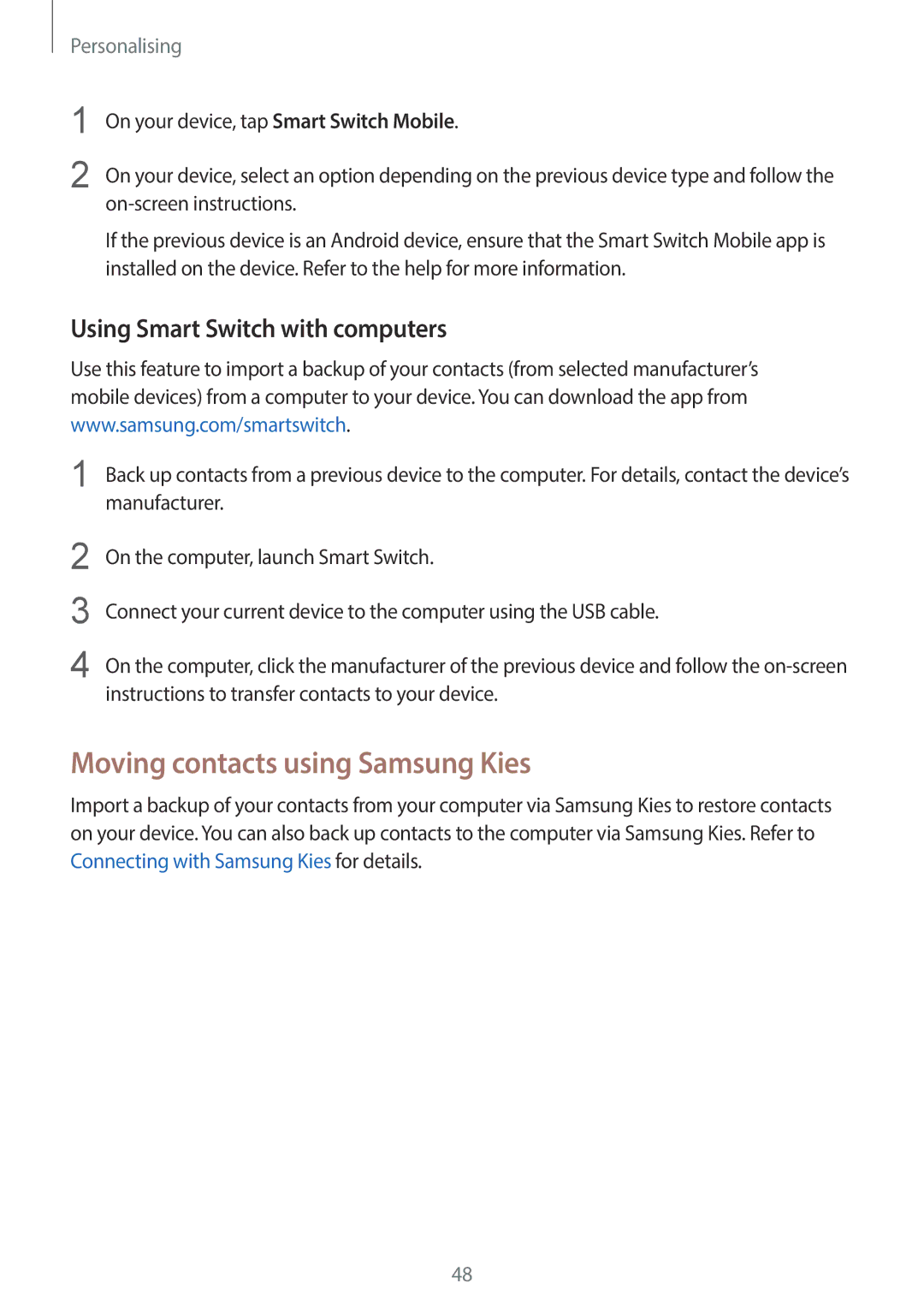 Samsung SM-G900HZBATHR, SM-G900HZBAPAK manual Moving contacts using Samsung Kies, Using Smart Switch with computers 