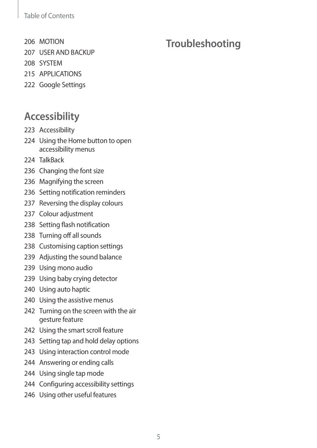 Samsung SM-G900HZKAPAK, SM-G900HZBAPAK, SM-G900HZDAPAK, SM-G900HZWAXSG manual Troubleshooting Accessibility, Google Settings 