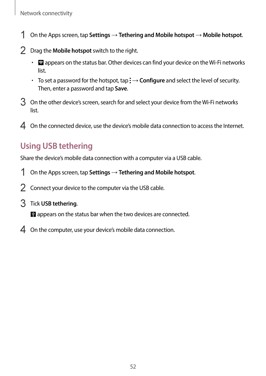 Samsung SM-G900HZWACAC Using USB tethering, Connect your device to the computer via the USB cable, Tick USB tethering 