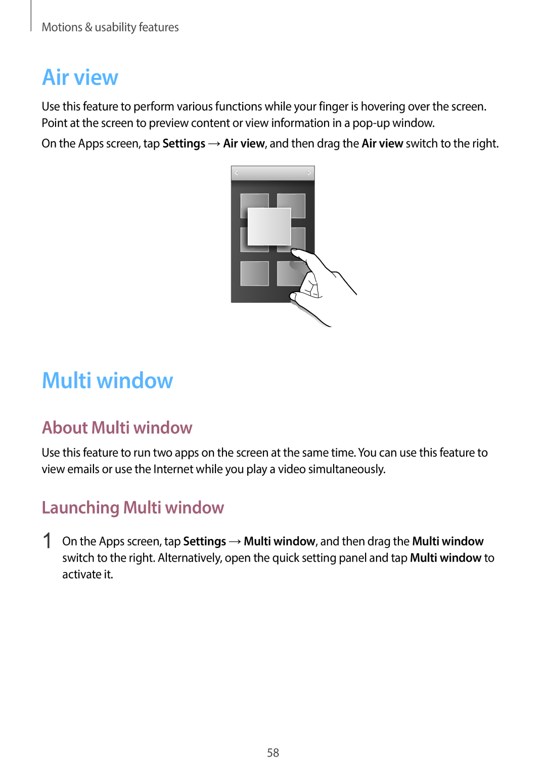 Samsung SM-G900HZDAAFR, SM-G900HZBAPAK, SM-G900HZDAPAK manual Air view, About Multi window, Launching Multi window 