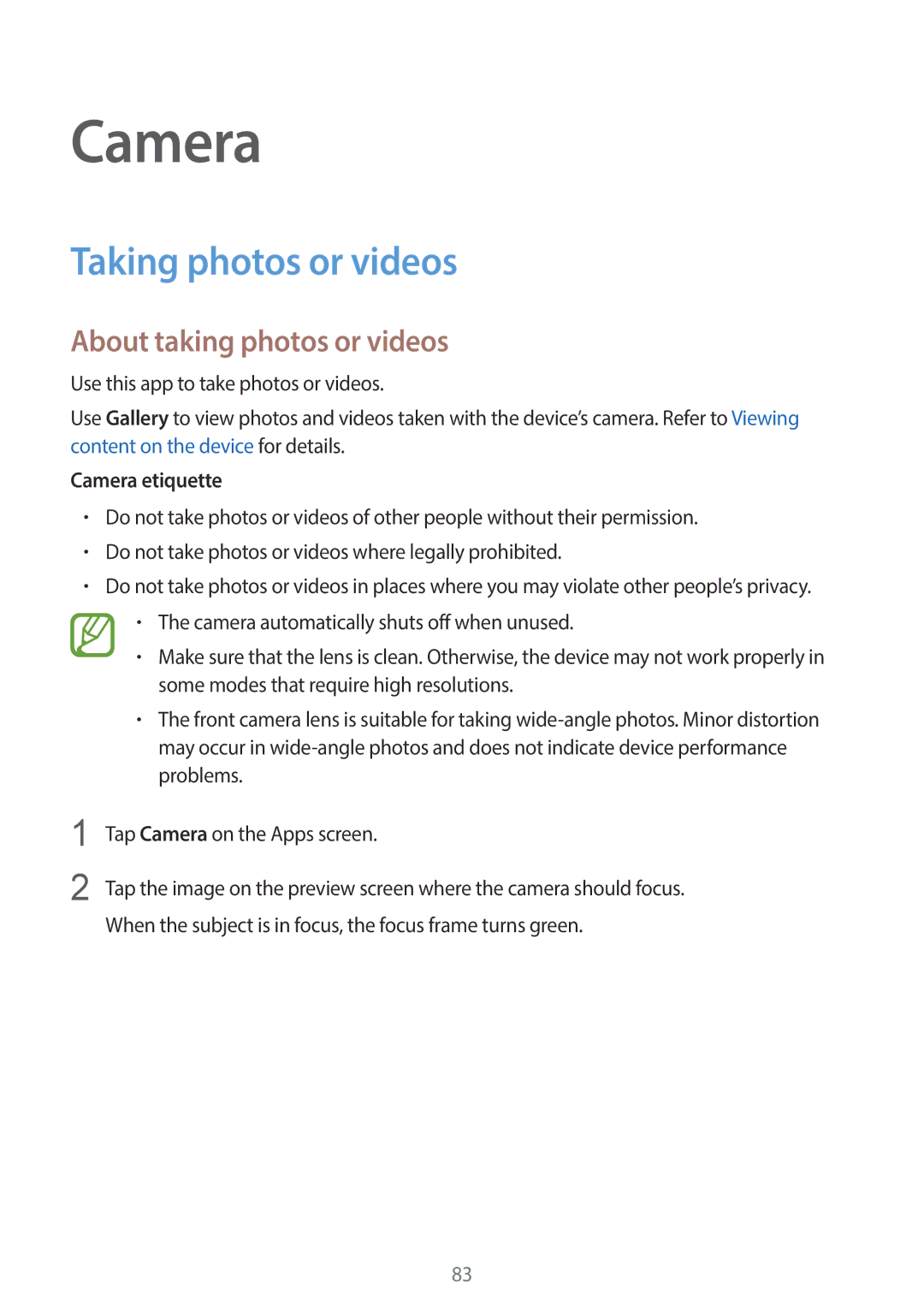 Samsung SM-G900HZWASER, SM-G900HZBAPAK manual Taking photos or videos, About taking photos or videos, Camera etiquette 