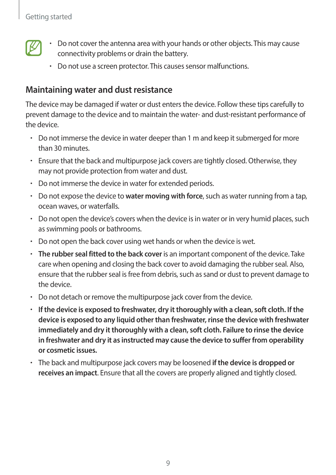 Samsung SM-G900HZWATHR, SM-G900HZBAPAK, SM-G900HZDAPAK manual Maintaining water and dust resistance, Getting started 