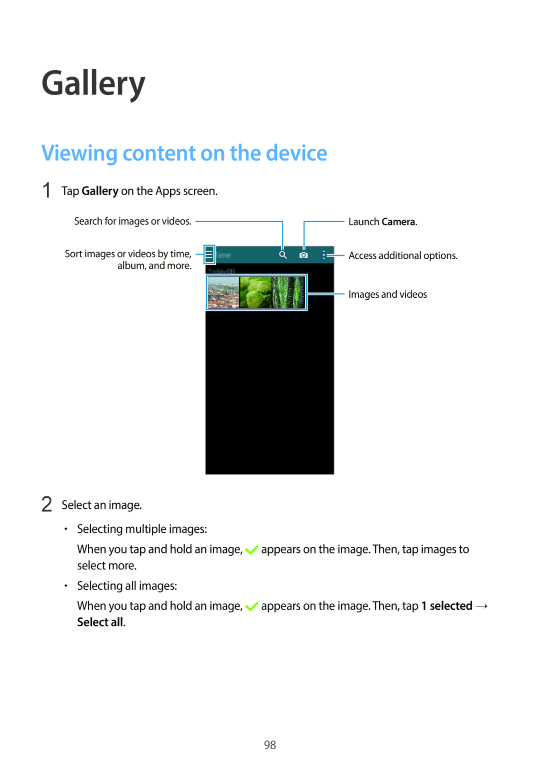 Samsung SM-G900HZKAECT, SM-G900HZBAPAK, SM-G900HZDAPAK Viewing content on the device, Tap Gallery on the Apps screen 