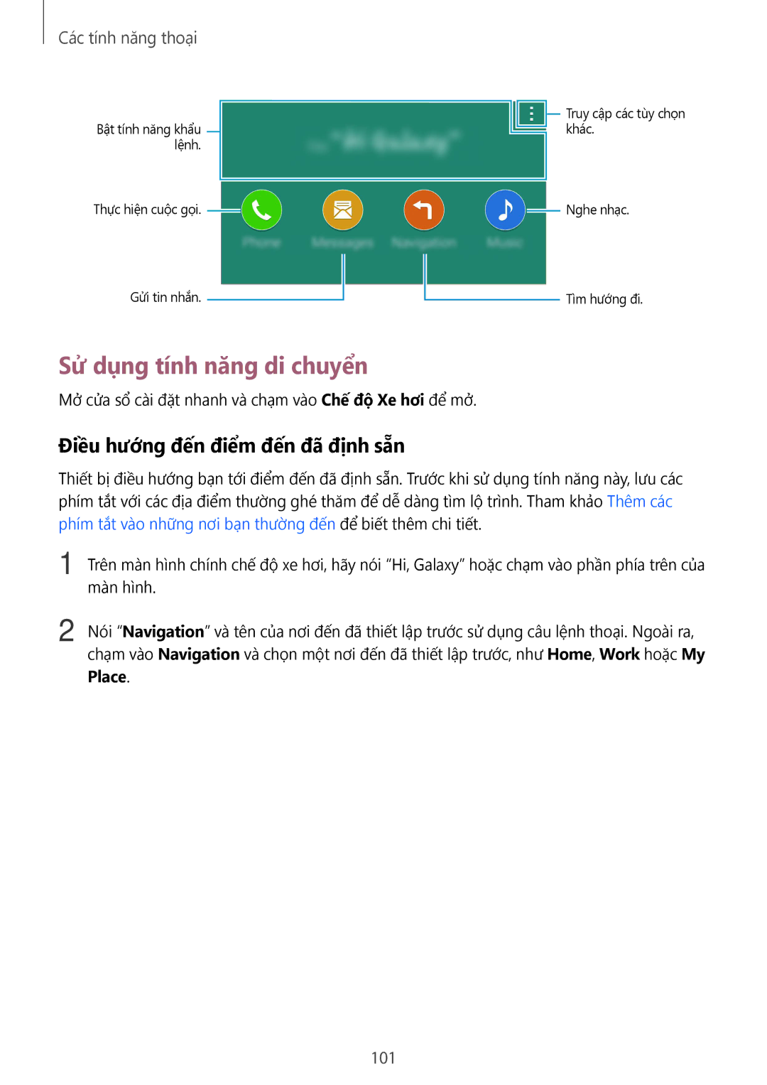 Samsung CG-G900HZKRHTM, SM-G900HZWAXXV manual Sử dụng tính năng di chuyển, Điều hướng đến điểm đến đã định sẵn, 101, Place 