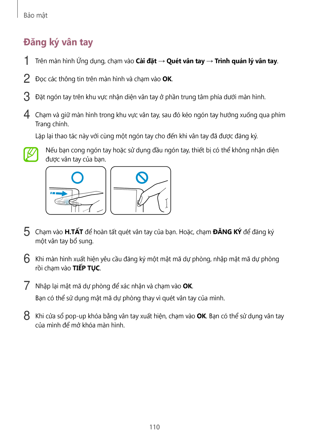 Samsung SM-G900HZWAXXV, CG-G900HZKRHTM, SM-G900HZBAXXV, SM-G900HZKAXXV, SM-G900HZDAXXV manual Đăng ký vân tay, 110 