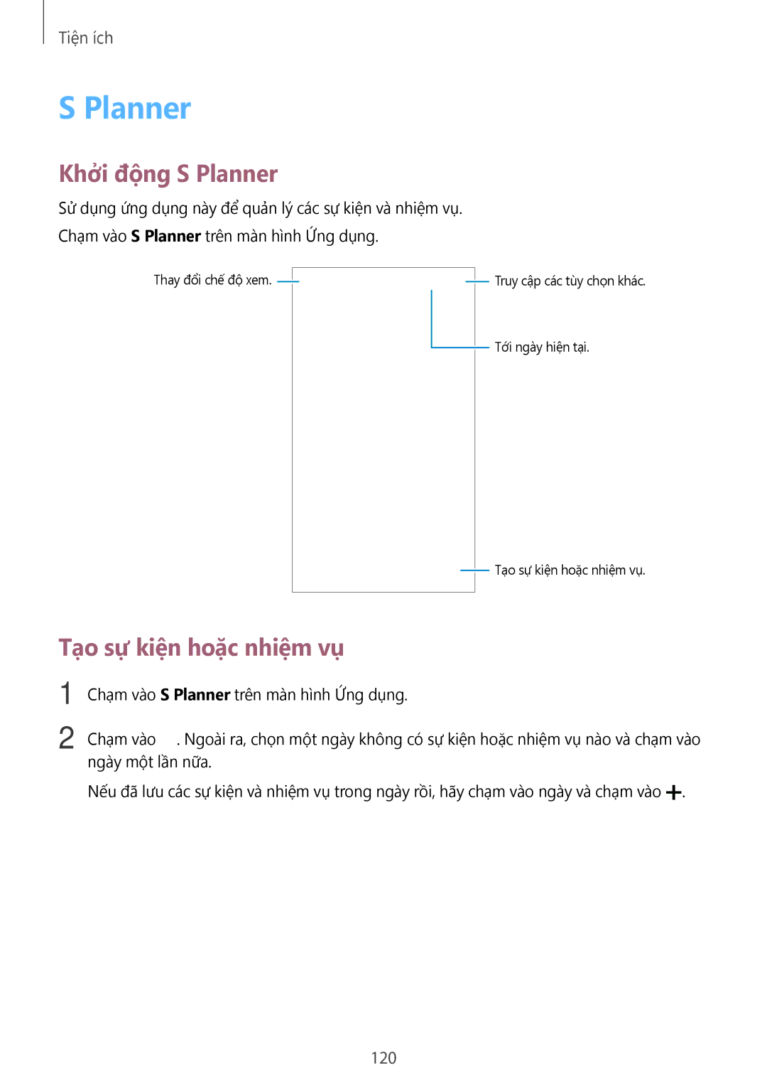 Samsung SM-G900HZWAXXV, CG-G900HZKRHTM, SM-G900HZBAXXV manual Khởi động S Planner, Tạo sự kiện hoặc nhiệm vụ, 120 