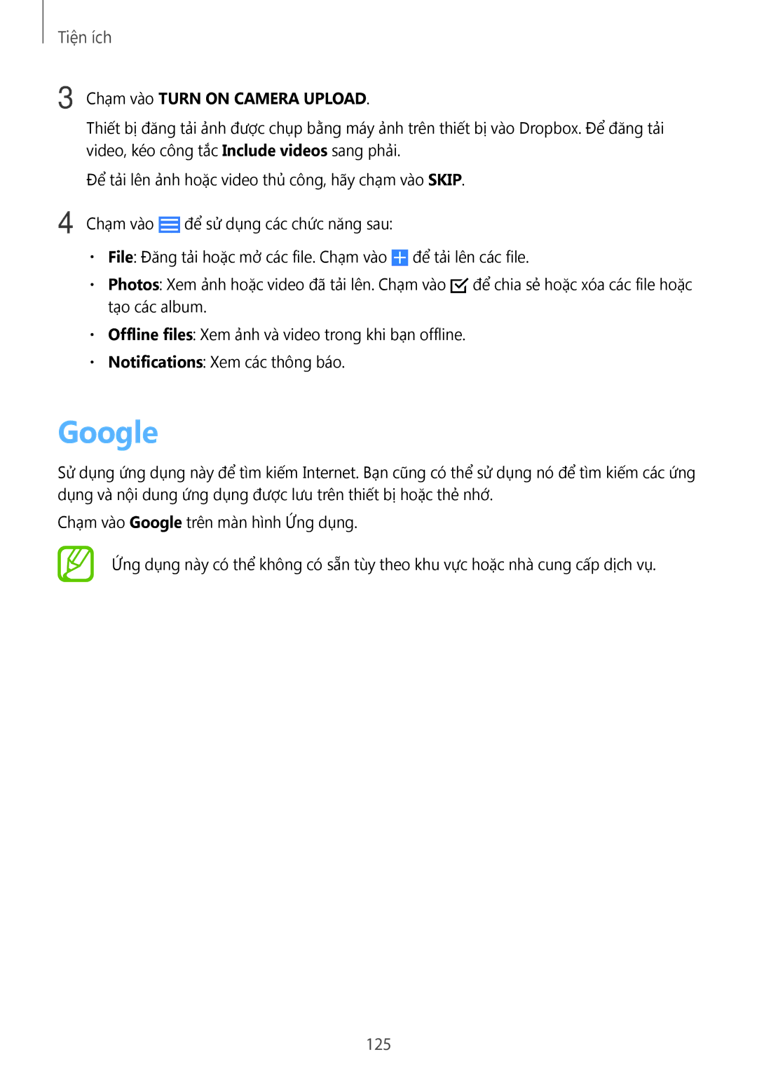 Samsung SM-G900HZWAXXV, CG-G900HZKRHTM, SM-G900HZBAXXV, SM-G900HZKAXXV manual Google, 125, Chạm vào Turn on Camera Upload 