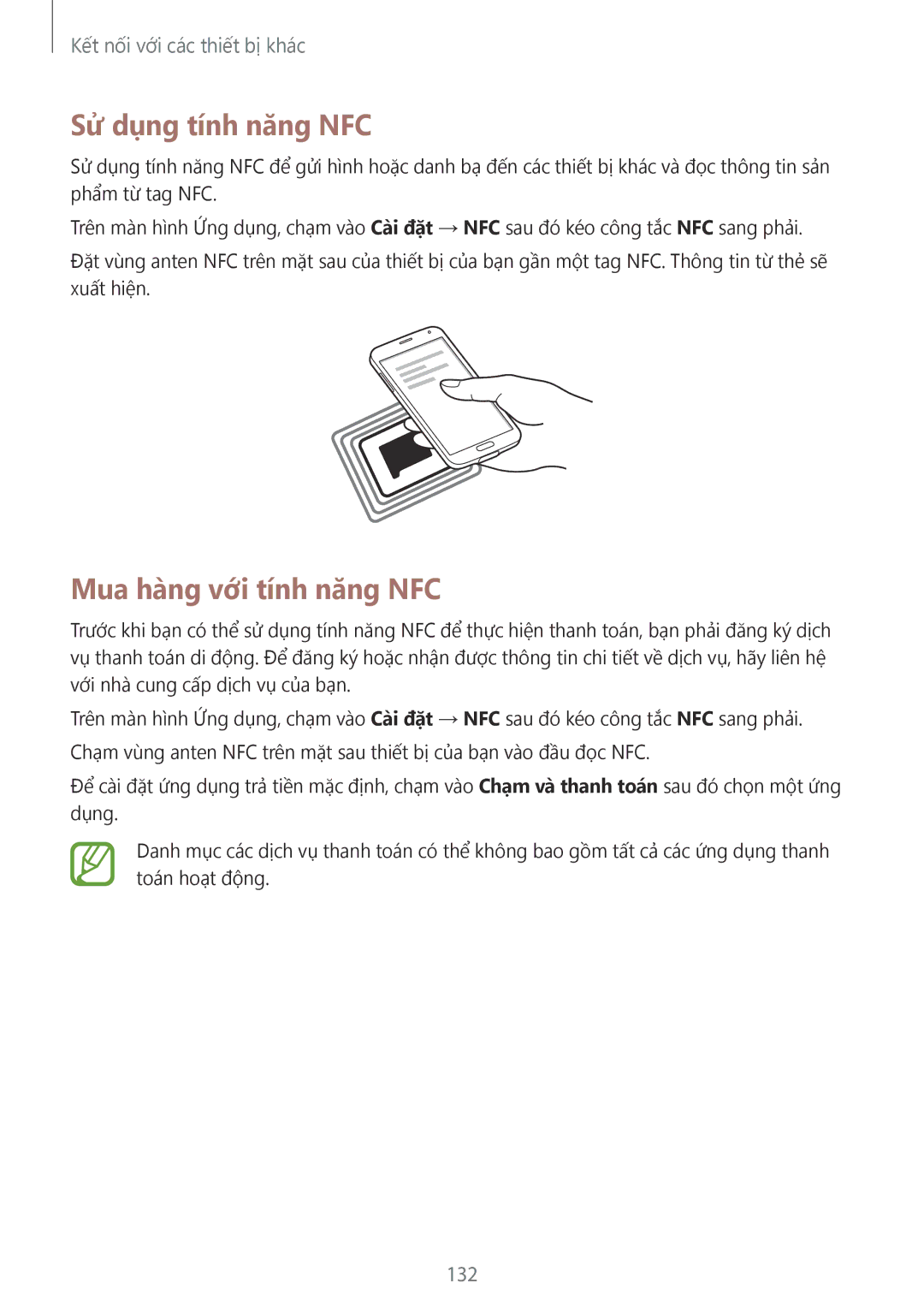 Samsung SM-G900HZBAXXV, SM-G900HZWAXXV, CG-G900HZKRHTM manual Sử dụng tính năng NFC, Mua hàng với tính năng NFC, 132 