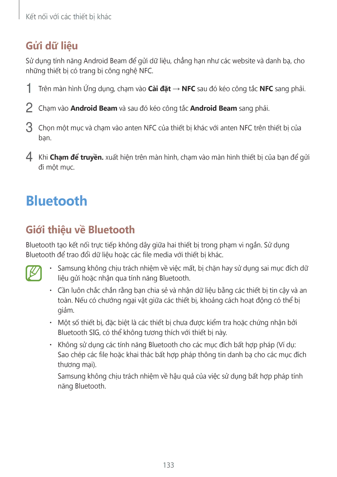 Samsung SM-G900HZKAXXV, SM-G900HZWAXXV, CG-G900HZKRHTM, SM-G900HZBAXXV manual Gửi dữ liệu, Giới thiệu về Bluetooth, 133 